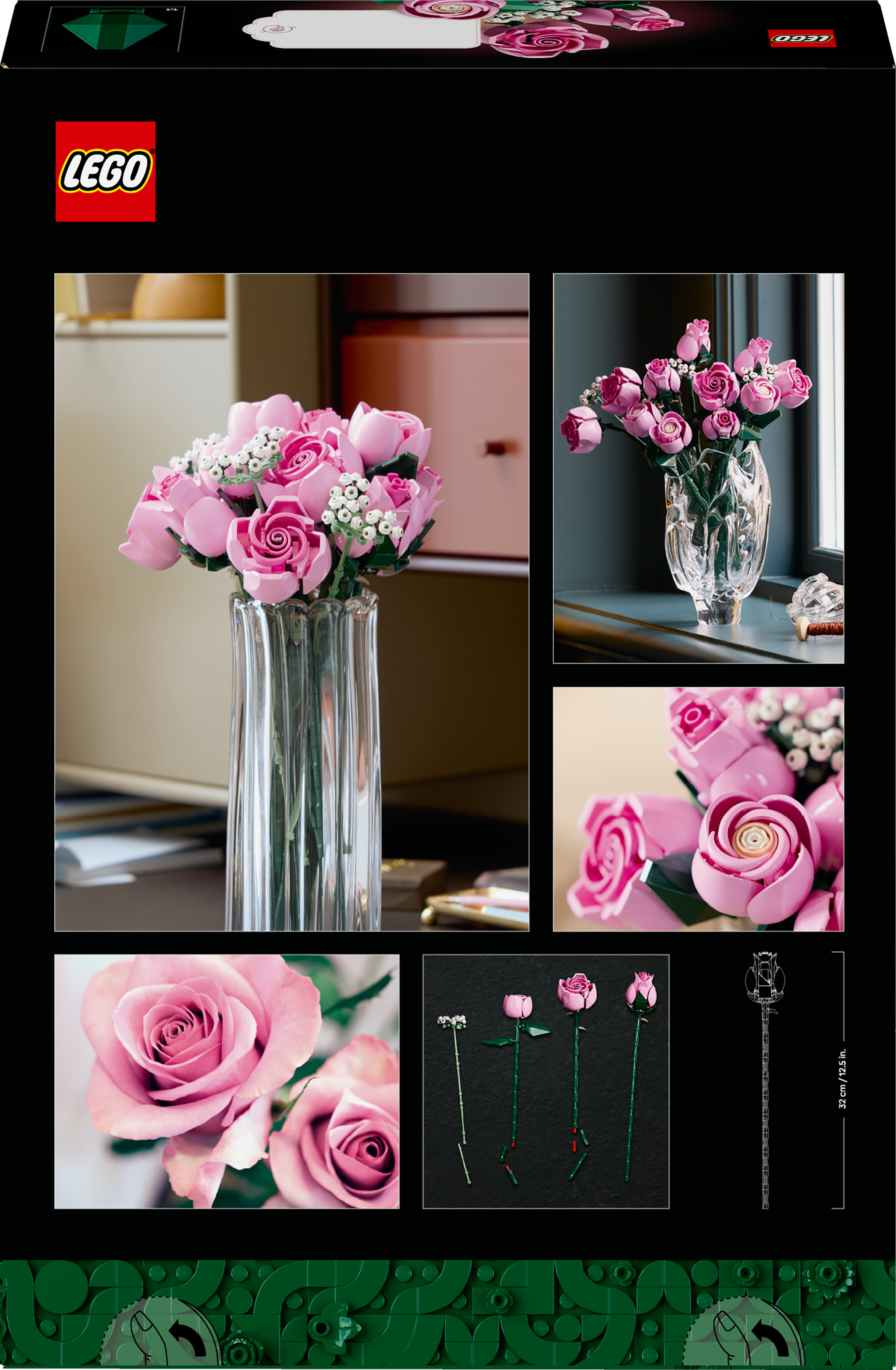 Zdjęcie przedstawia róże LEGO w wazonach i zbliżeniach. Zawiera pojedyncze łodygi. Widoczny jest box zestawu.