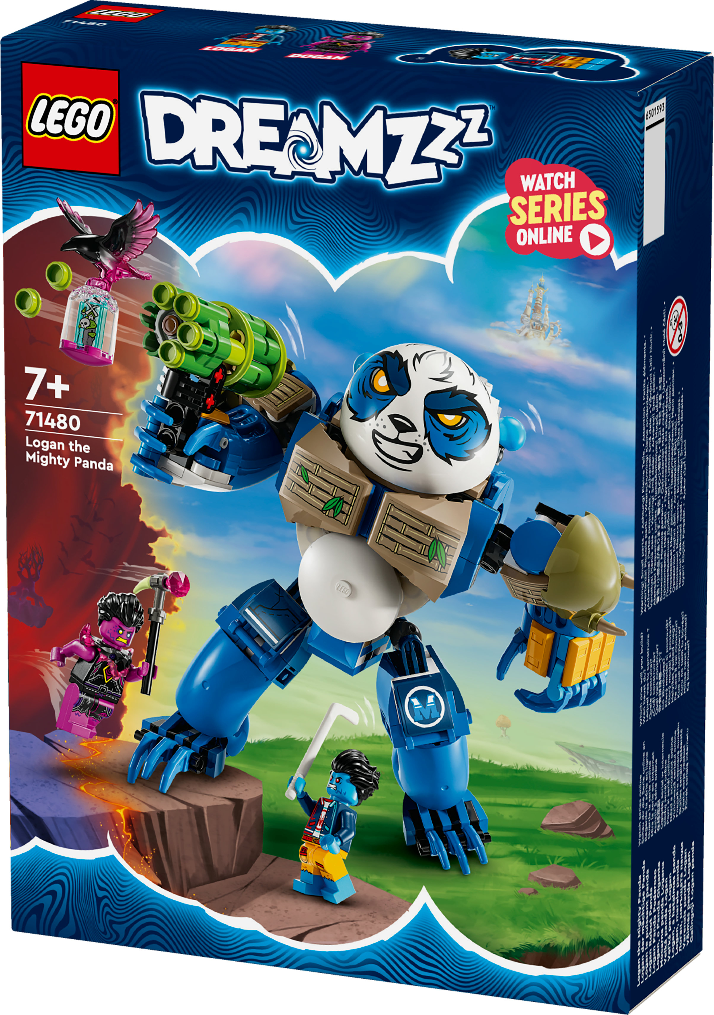 Illustration de la boîte du set Lego Dreamzzz : figurine Mighty Panda Logan en action avec d'autres figurines et un pistolet.