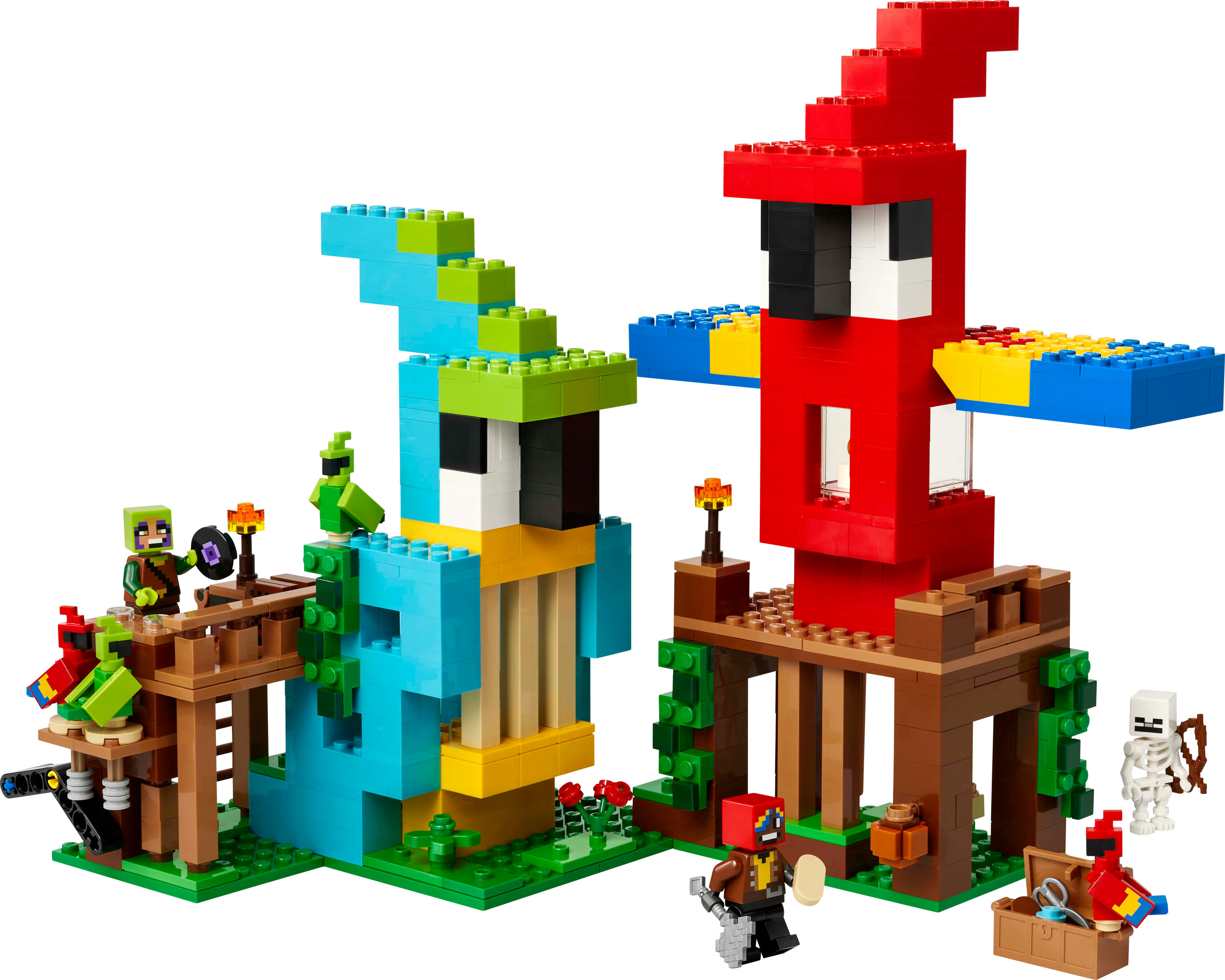 Zestaw Lego z dwoma strukturami w kształcie ptaków, figurkami i akcesoriami. Konstrukcje są czerwone i niebieskie. Figurki obejmują szkielety.