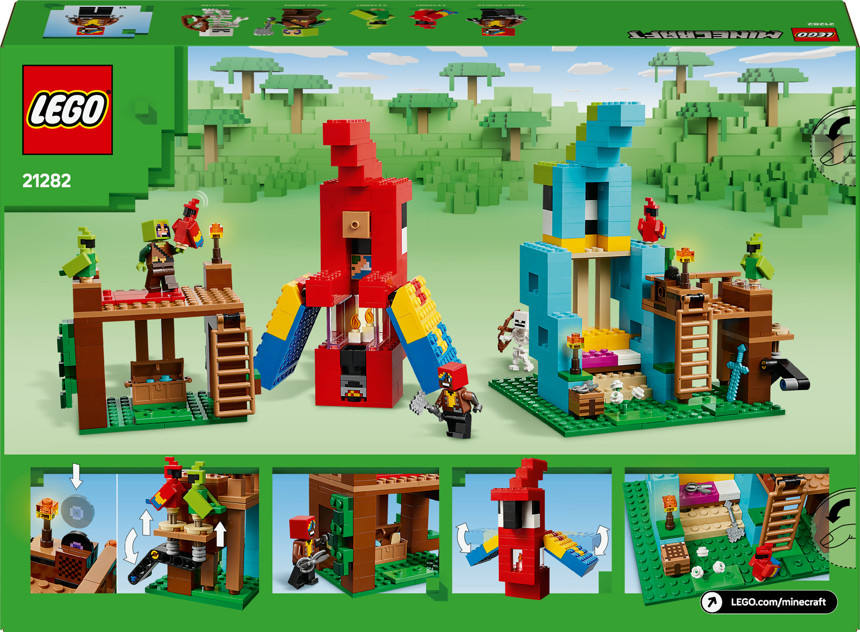 Zestaw Lego Minecraft z trzema budowlami: czerwona papuga, niebieska papuga i drewniana konstrukcja z figurkami.
