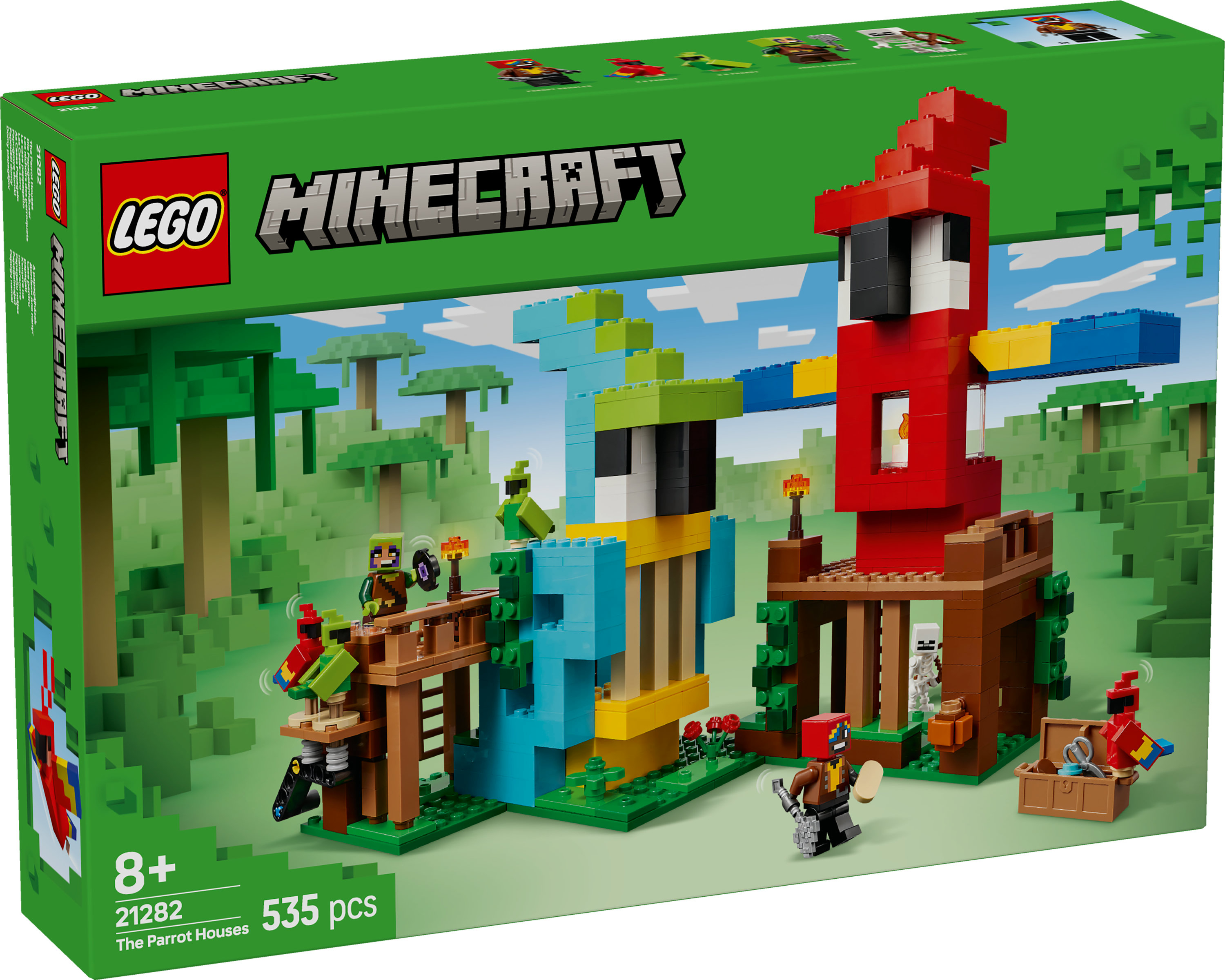 Pudełko zestawu LEGO Minecraft. Zawiera konstrukcje w kształcie papugi, minifigurki i tło dżungli.