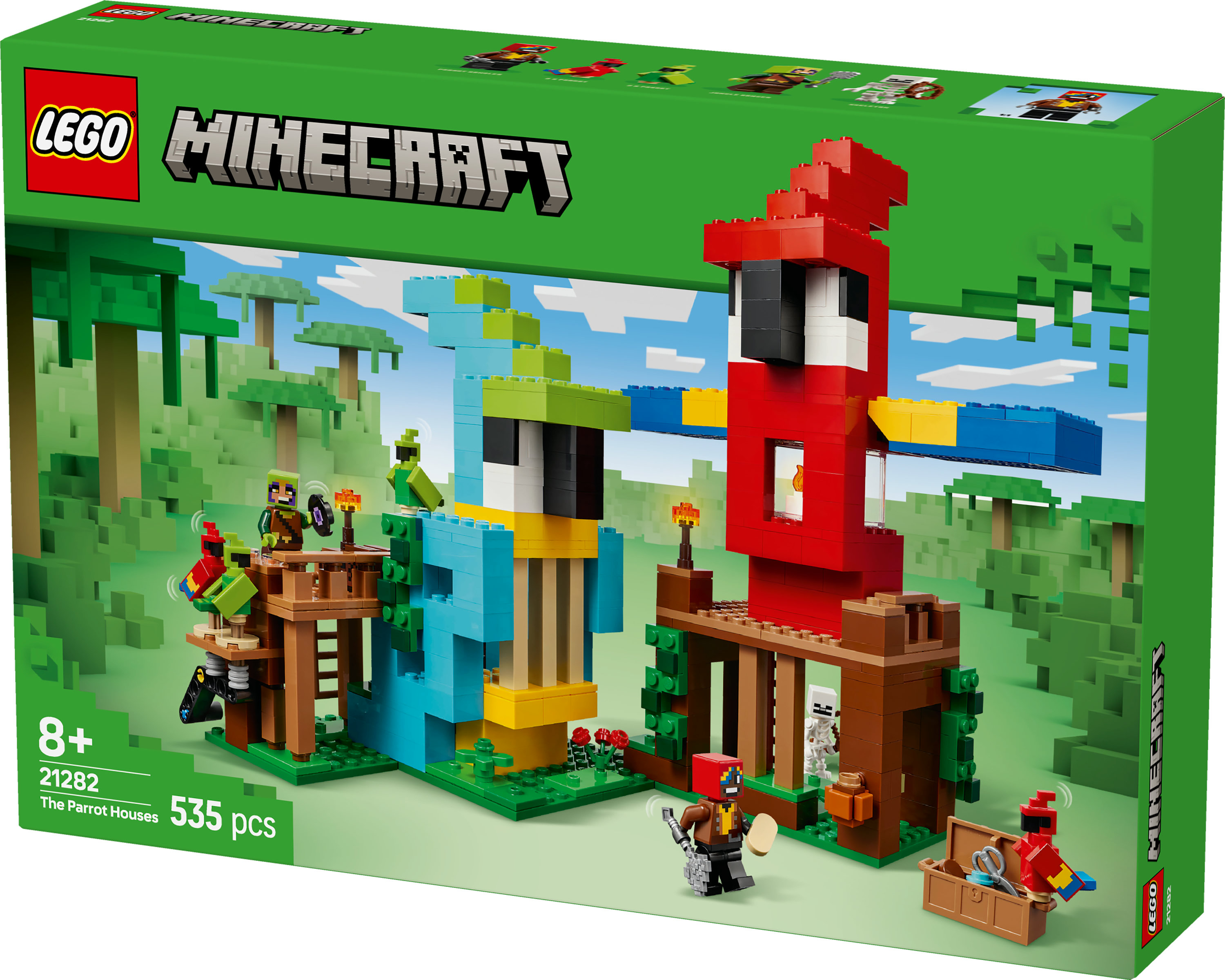 Zestaw LEGO Minecraft. Dwie duże konstrukcje w kształcie papugi. Figurki i akcesoria wokół. Zielone tło.