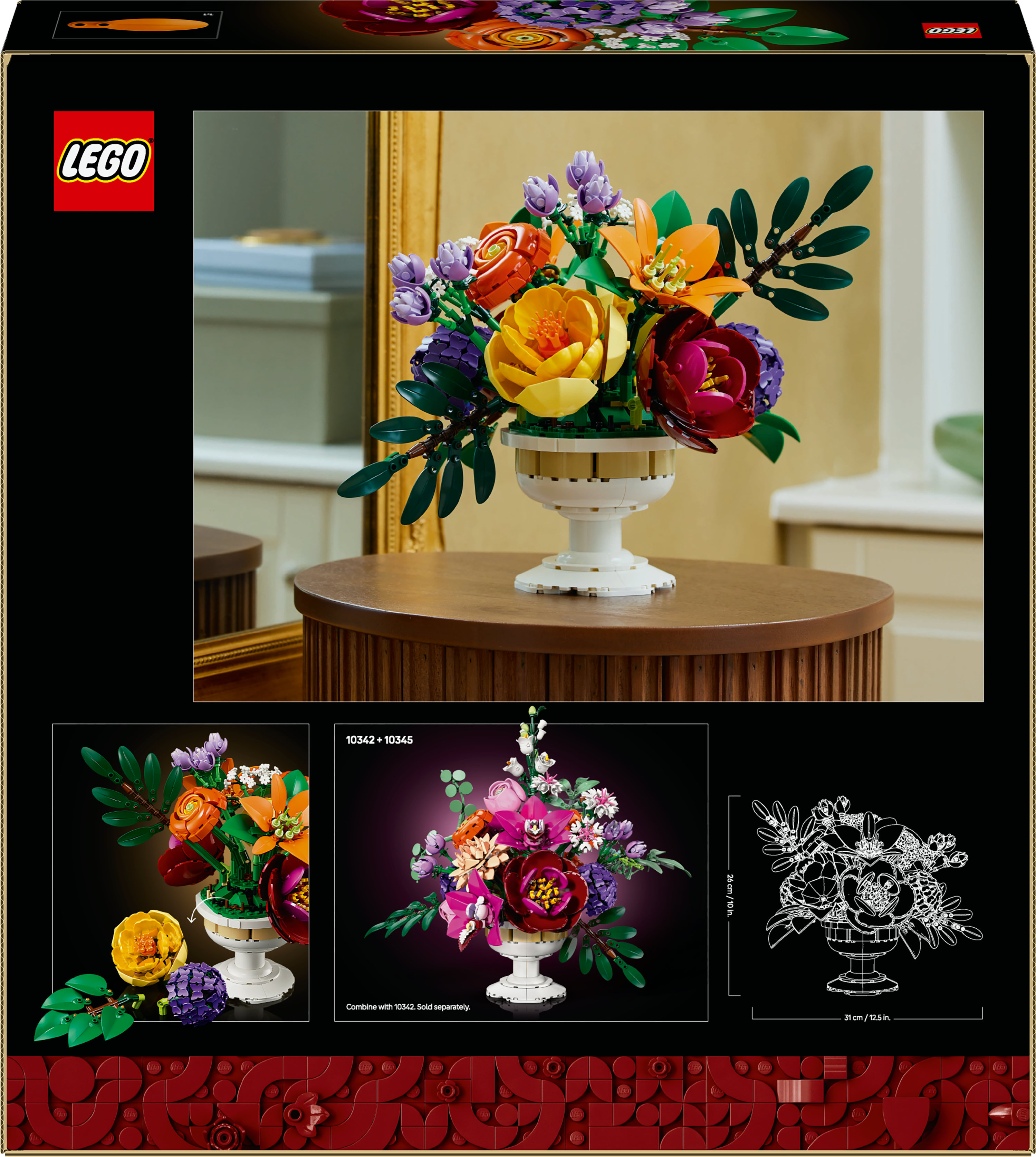 Un bouquet de fleurs LEGO dans un vase blanc sur une table marron. La boîte a un logo LEGO.