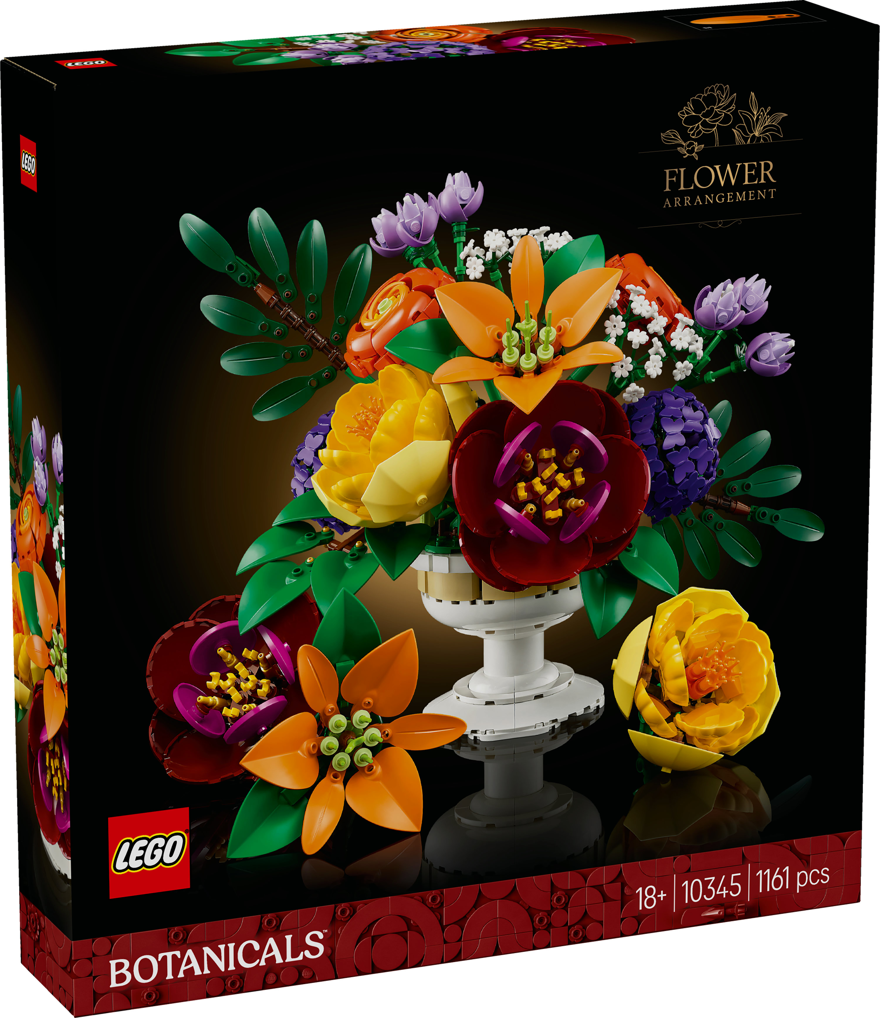 Boîte d'arrangement floral LEGO avec diverses fleurs colorées. Il a un fond noir et une bordure rouge.