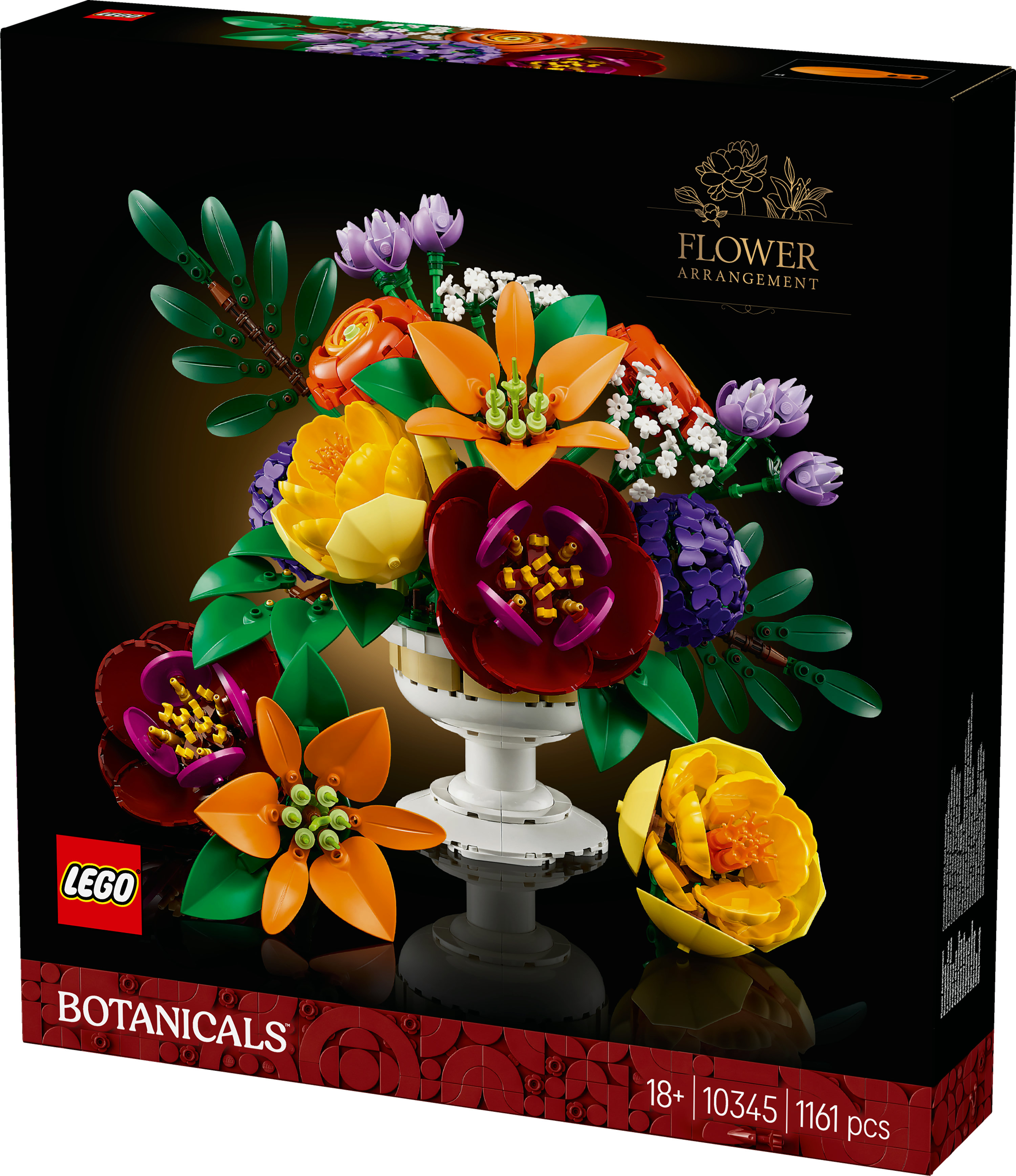 Une boîte de kit d'arrangement floral LEGO. Elle présente des fleurs colorées dans un vase blanc sur fond noir.