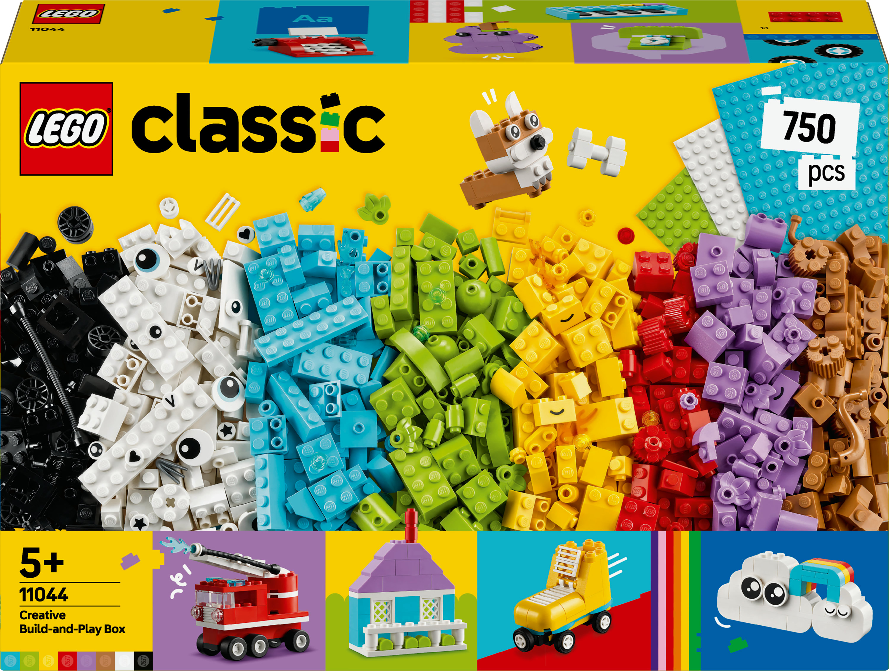 Pudełko LEGO Classic z kolorowymi klockami i przykładami: pies, dom, rolka, chmura z tęczą.