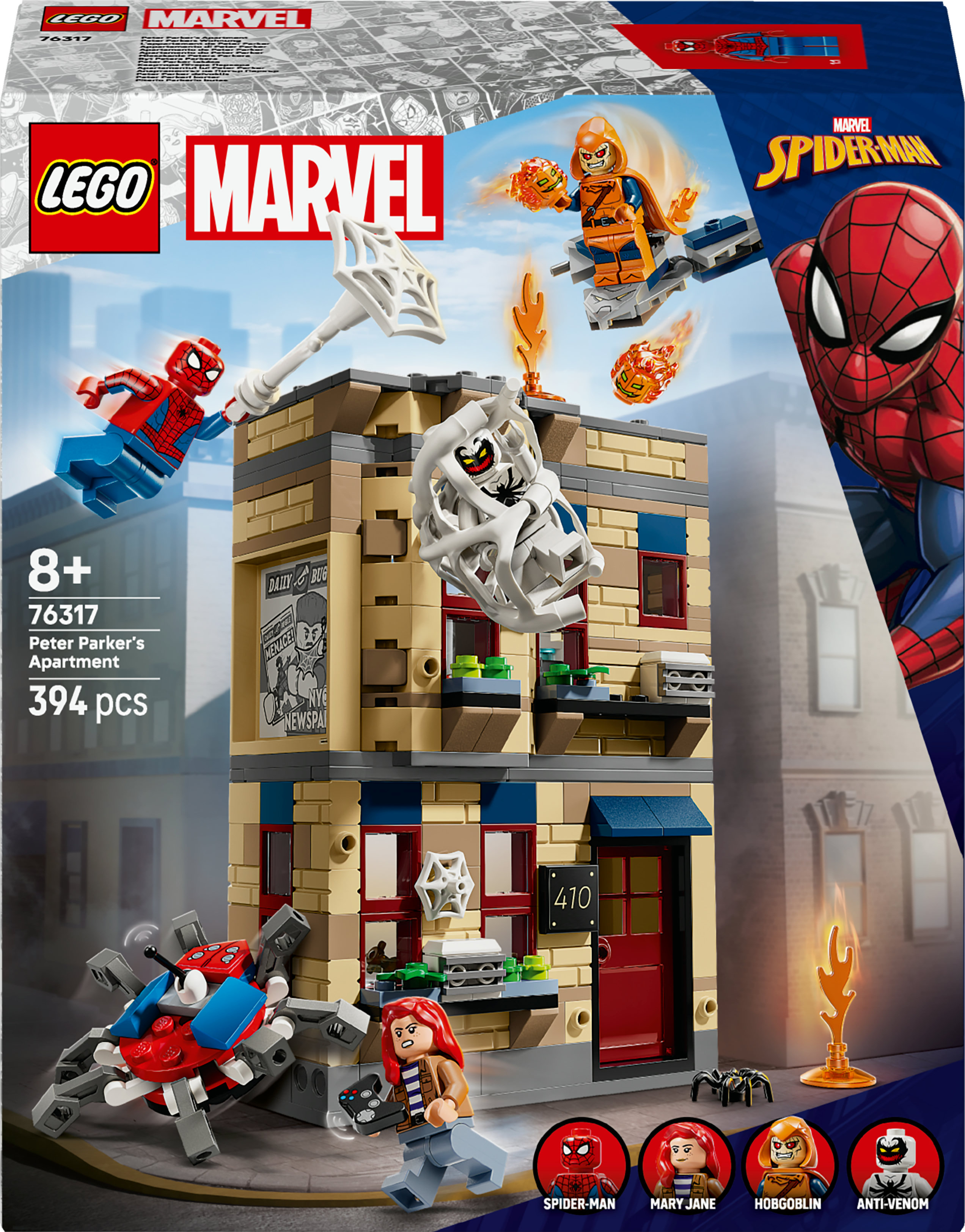 Zestaw Lego Marvel Spider-Man. Zawiera budynek, Spider-Mana, Hobgoblina i inne figurki. Na pudełku 8+ i 394 elementy.