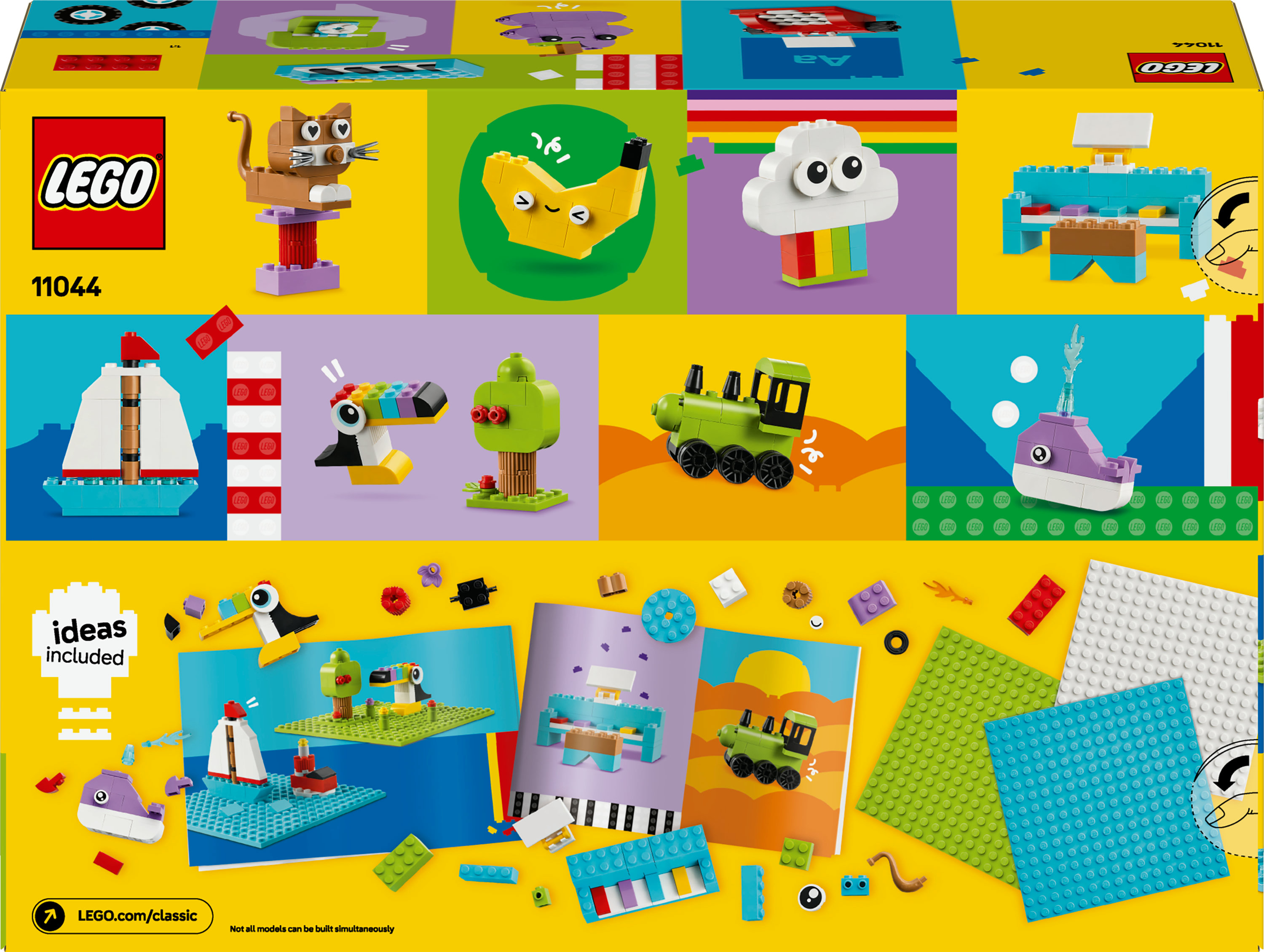 Pudełko LEGO z różnymi modelami LEGO: kot, banan, chmura, sofa, łódź, pociąg, tukan, drzewo i wieloryb.