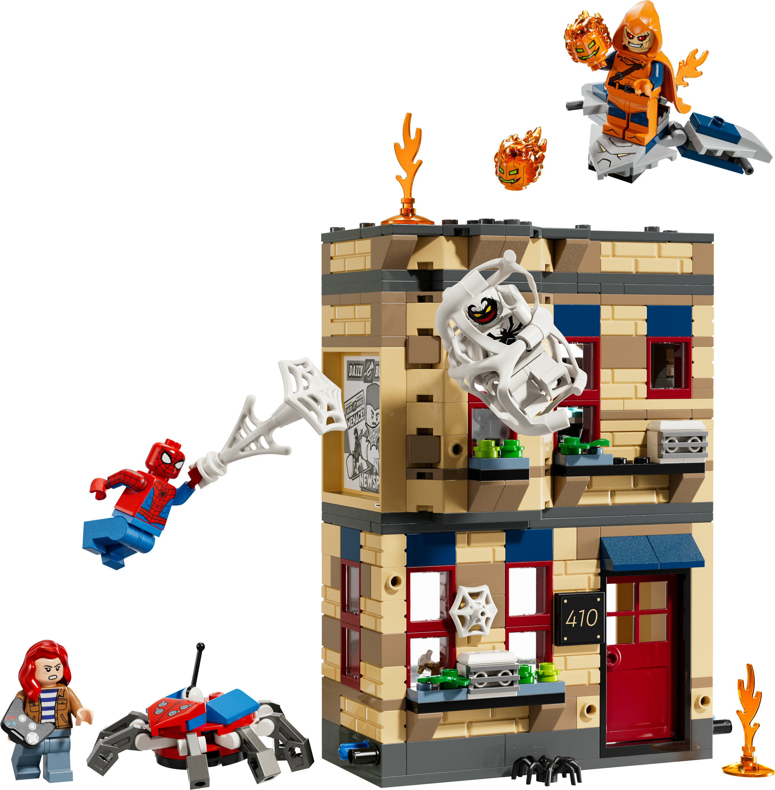 Zestaw Lego przedstawia Spider-Mana walczącego ze złoczyńcami. Postacie to Spider-Man, Green Goblin i Venom. Budynek jest centralny.