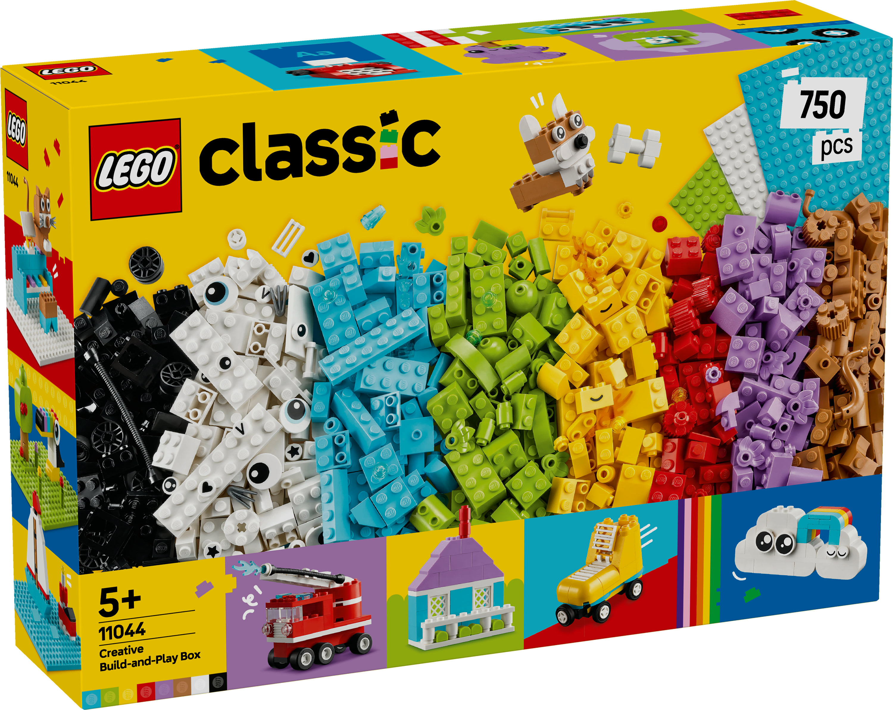 Pudełko LEGO Classic przedstawia klocki w różnych kolorach i przykładowe konstrukcje, takie jak wóz strażacki i rolki.