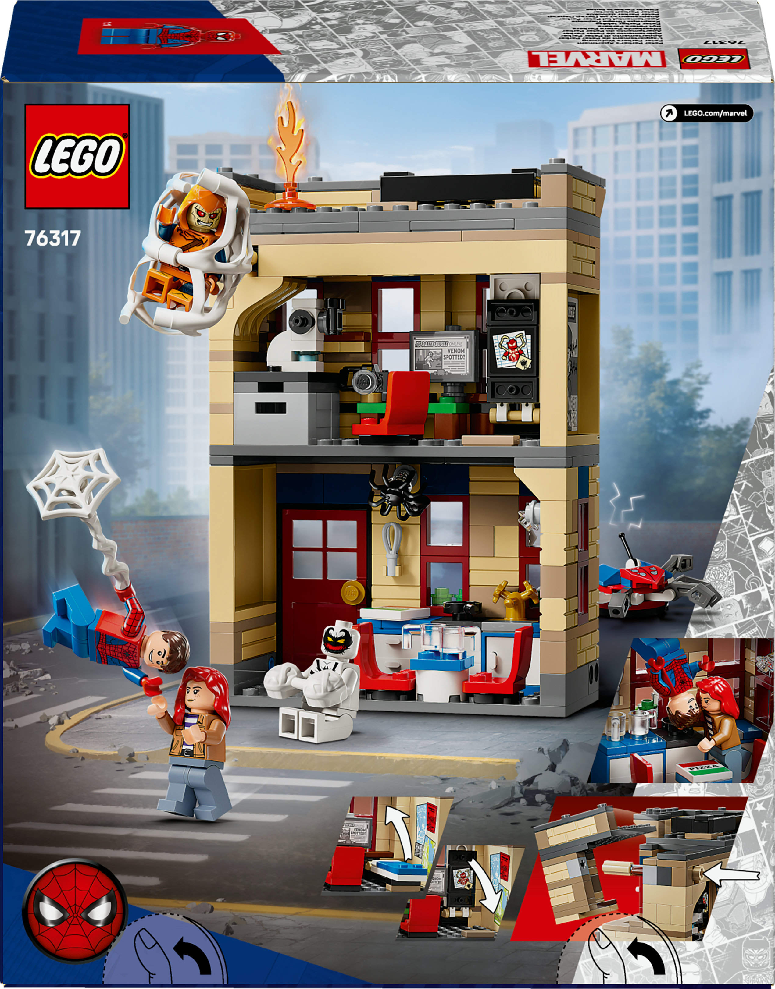 Zestaw Lego z figurkami Spider-Mana, Mary Jane i Venoma, budynek z kilkoma pokojami i inne akcesoria.