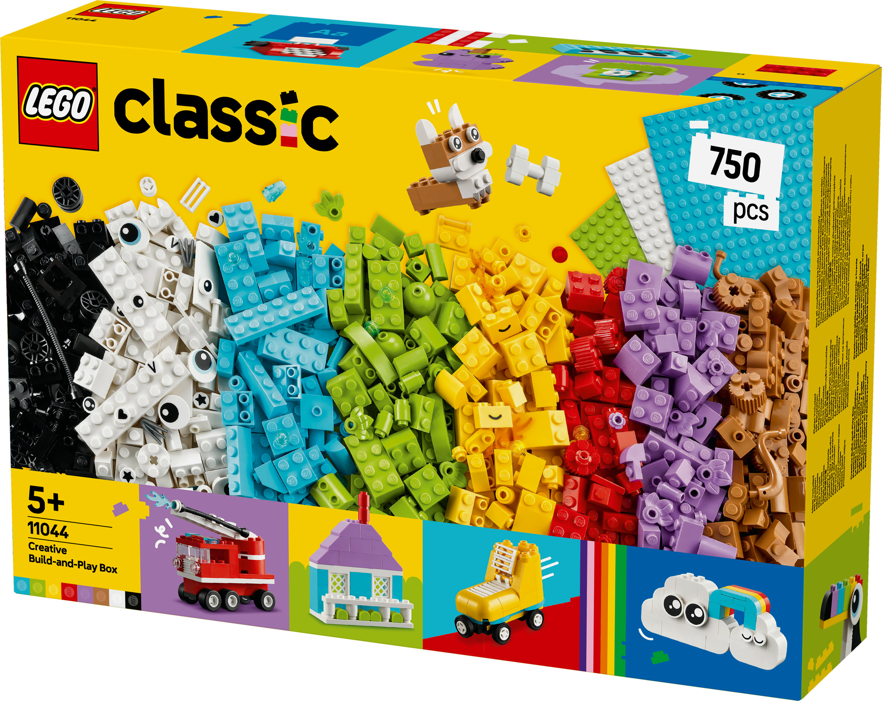 Pudełko Lego Classic z wielokolorowymi klockami, psem i ilustracjami zbudowanych modeli.
