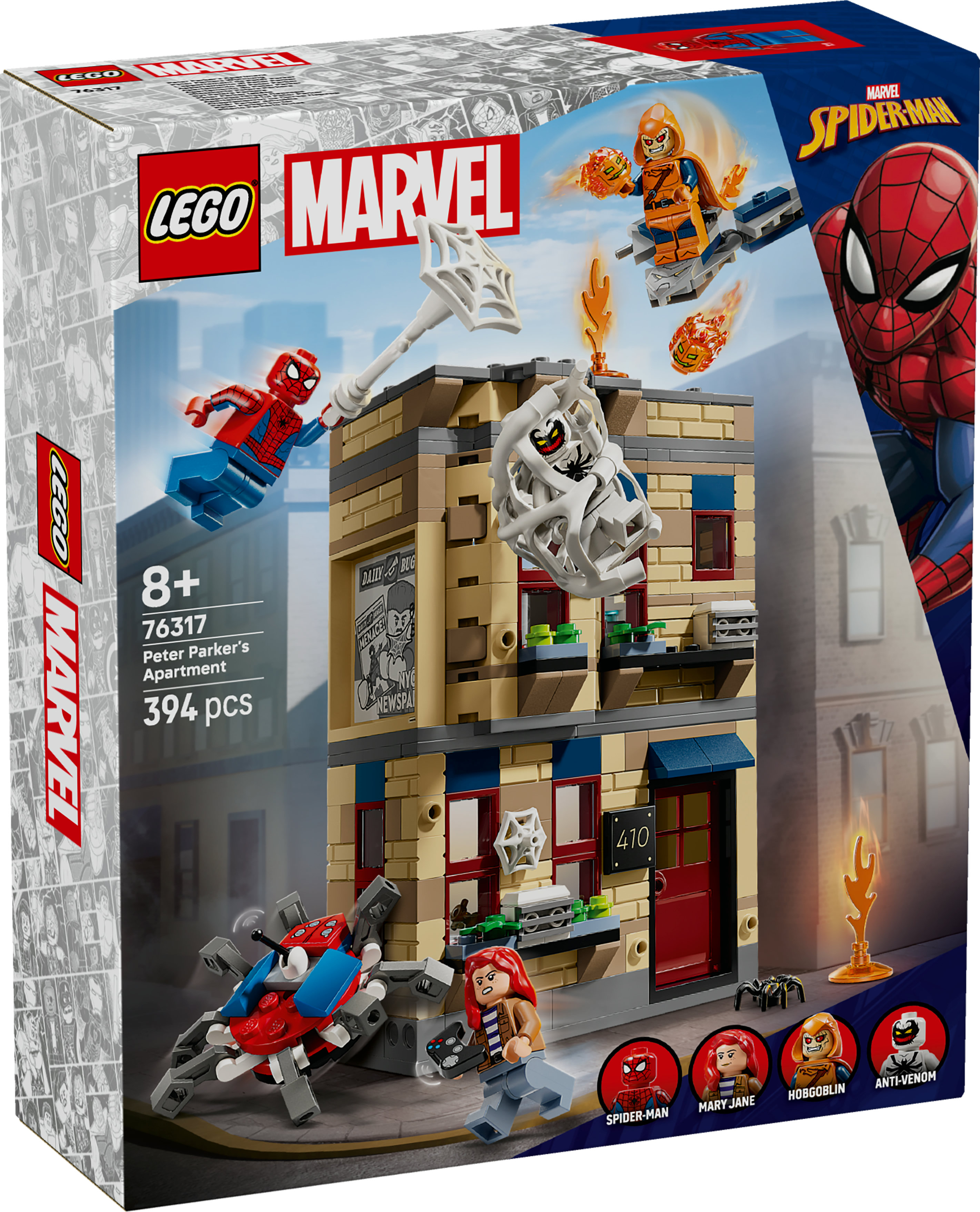 Pudełko Lego przedstawiające zestaw Spider-Man. Zawiera figurki Spider-Mana, Mary Jane, Hobgoblina i Anti-Venoma.