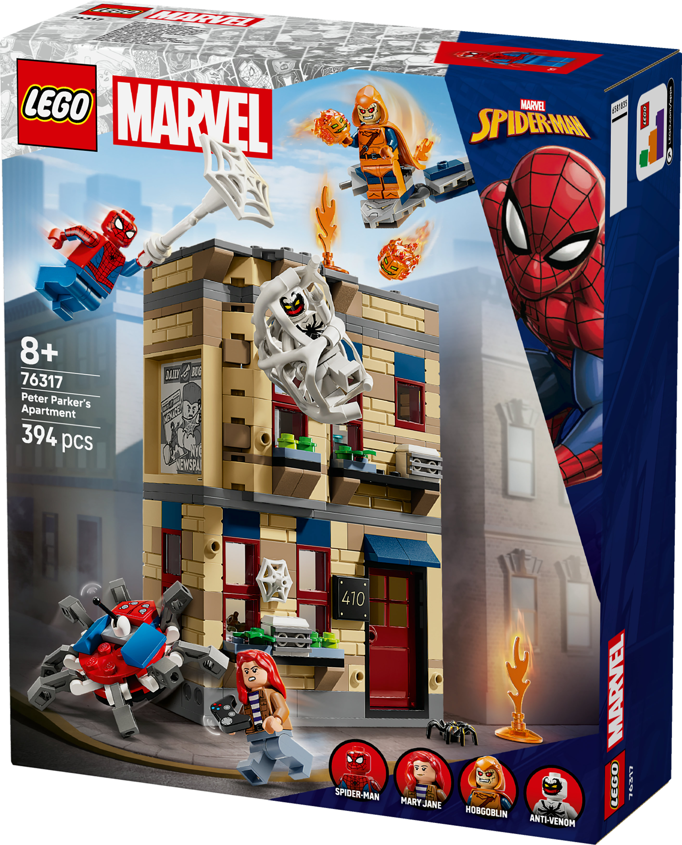 Zestaw Lego Marvel: motyw Spider-Man. Zawiera mieszkanie, figurki Spider-Mana, Hobgoblina i Mary Jane. Opakowanie.