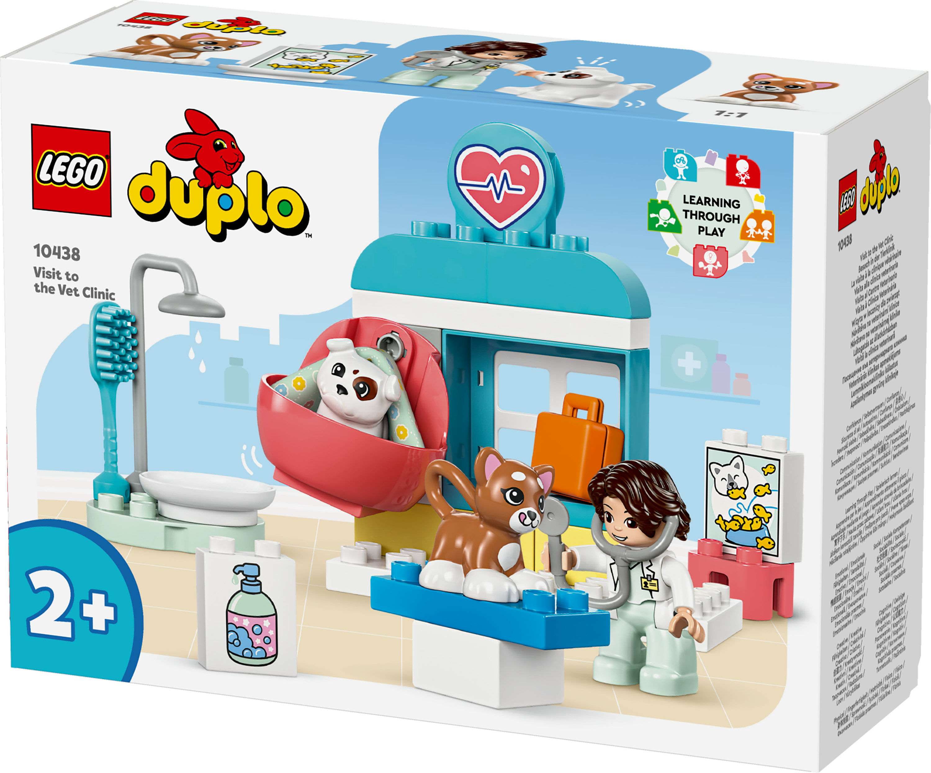 Een Lego Duplo dierenkliniek-boxset. Bevat een dierenarts, kat, hond en kliniekaccessoires.
