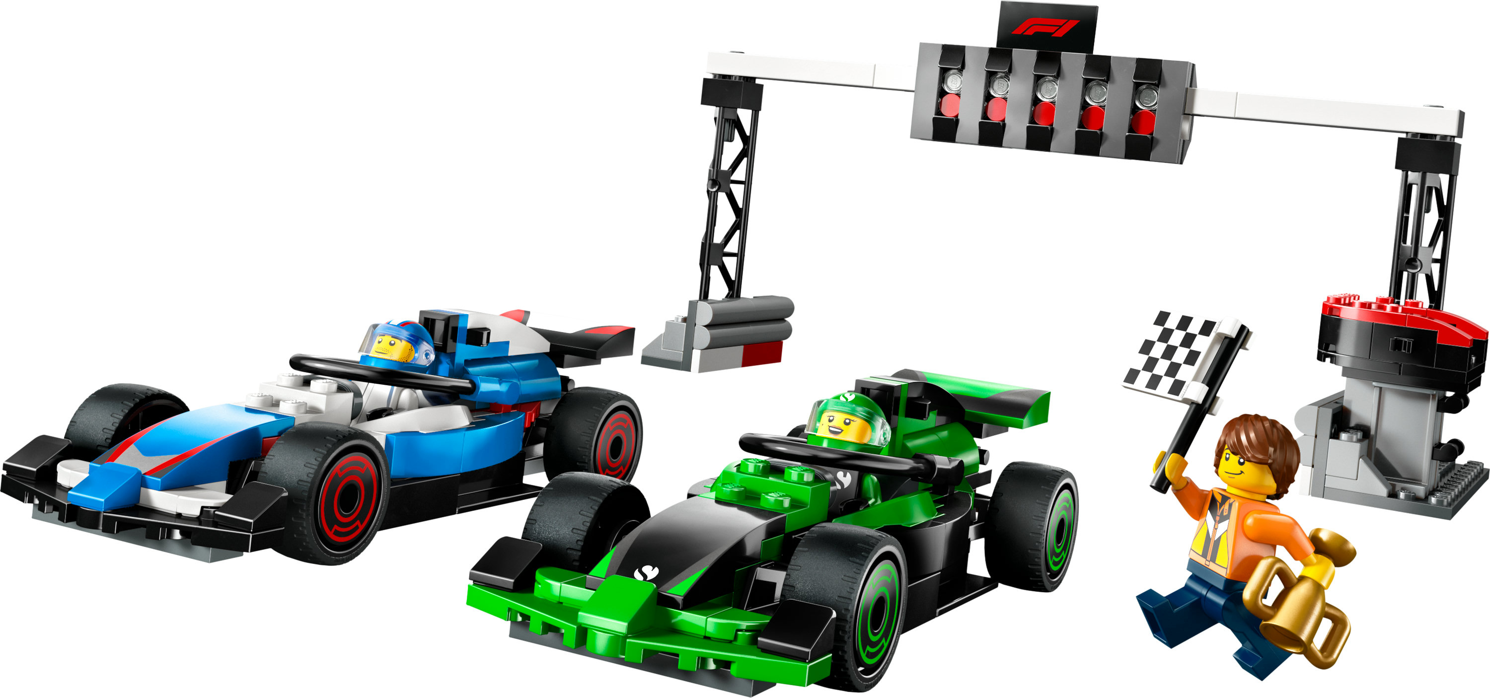 Scena wyścigu Lego z dwoma samochodami, światłami startowymi, flagą i trofeum. Jeden samochód jest niebiesko-biały, drugi zielono-czarny.