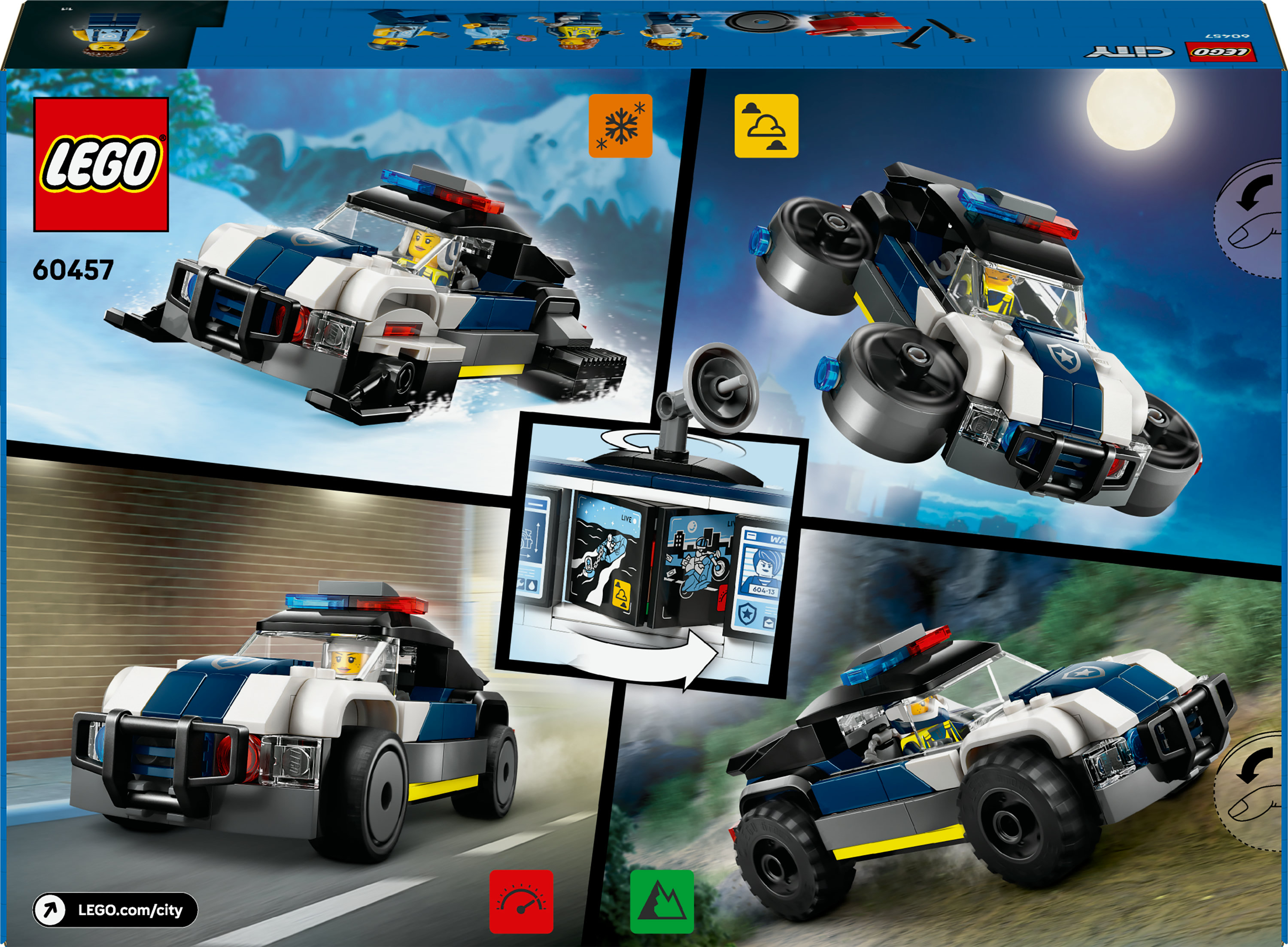 Pudełko zestawu LEGO City. Samochód policyjny, z dronem i minifigurką policjanta. Pudełko ma wiele zdjęć zestawu.