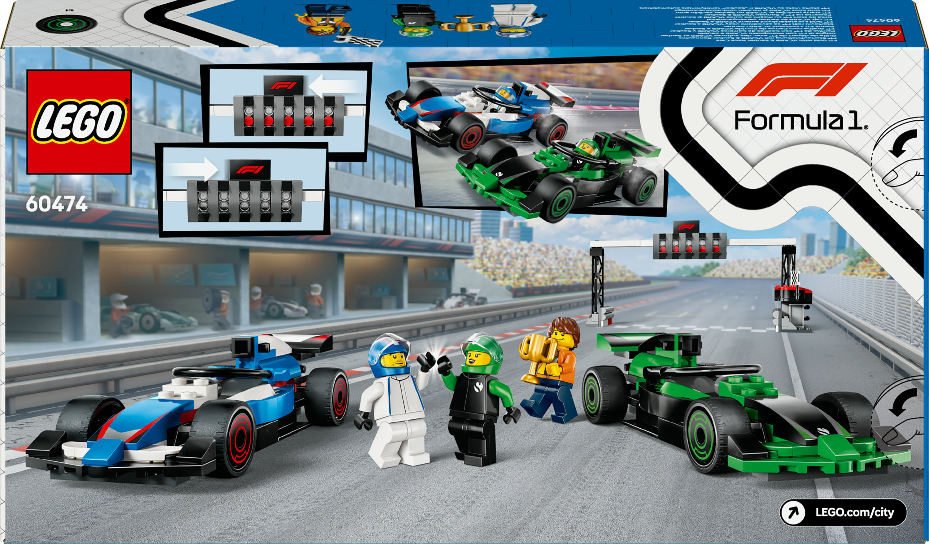 Zestaw LEGO Formuła 1. Zawiera samochody wyścigowe, minifigurki i tor wyścigowy. Pudełko zawiera logo LEGO i numer zestawu 60474.