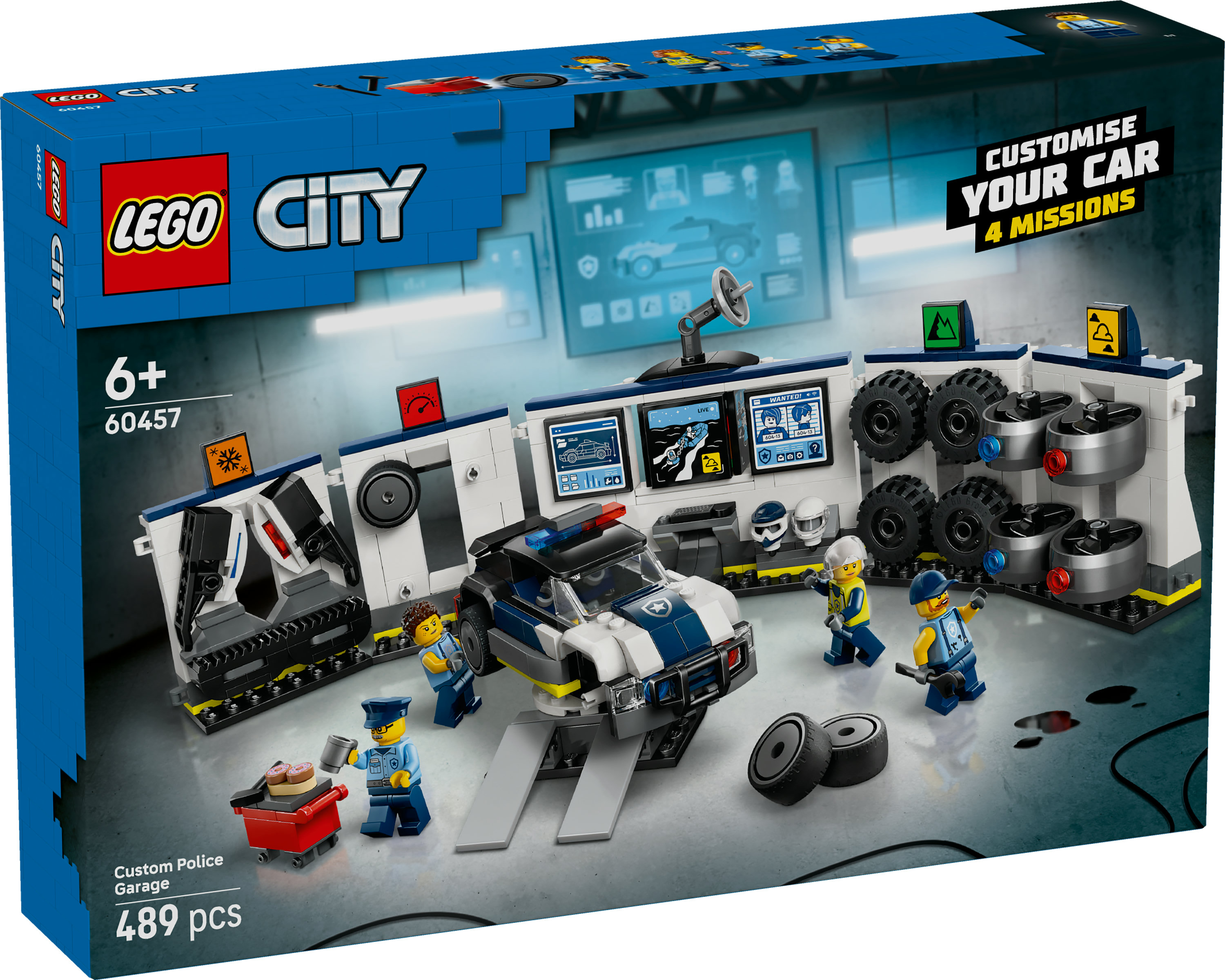 Zestaw garażu policji LEGO City. Zawiera radiowóz, minifigurki i wyposażenie garażu. Grafika pudełka pokazuje elementy zestawu.