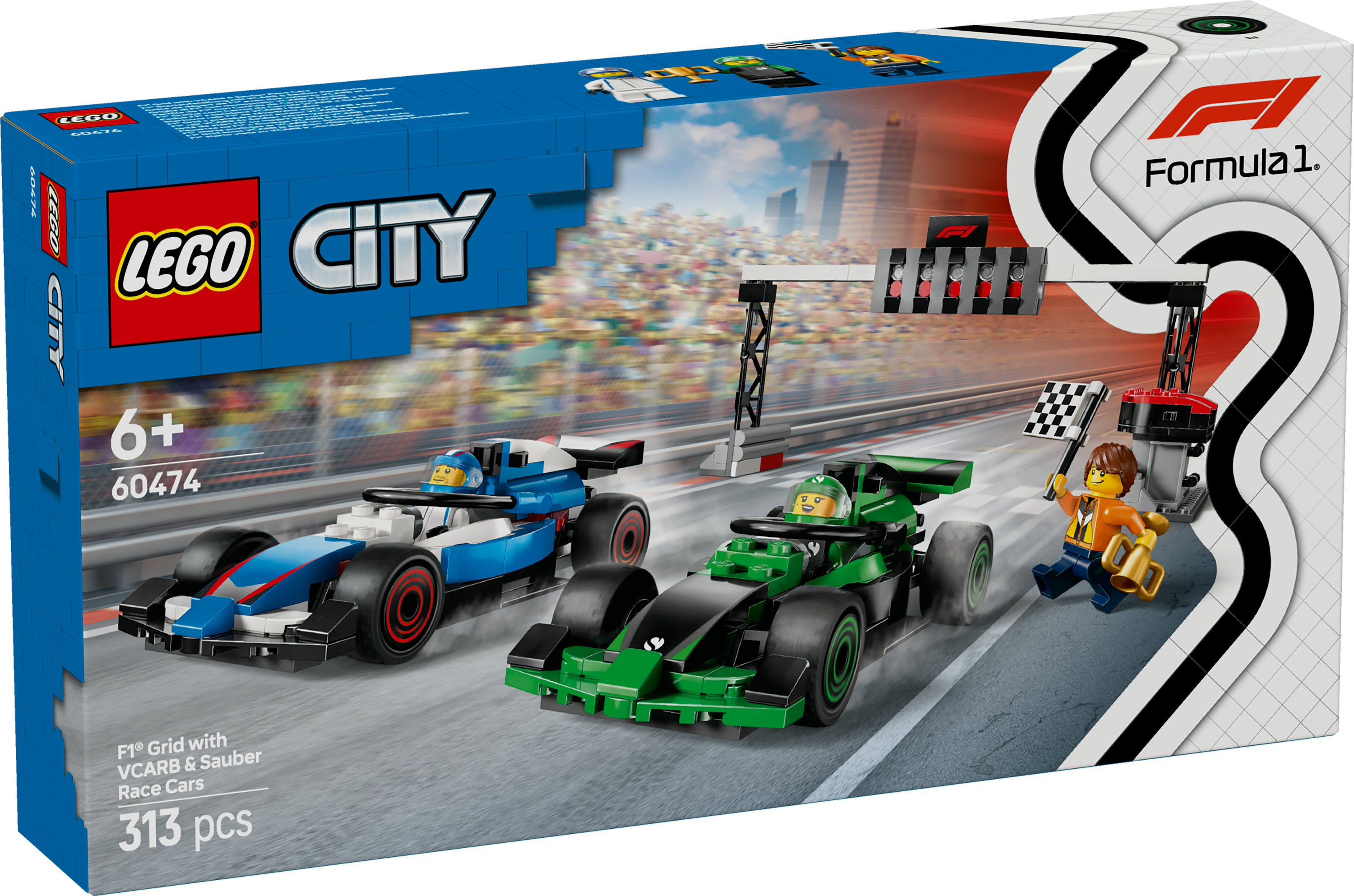 Pudełko Lego przedstawia dwa samochody wyścigowe i scenę mety, z figurką Lego trzymającą szachownicę.