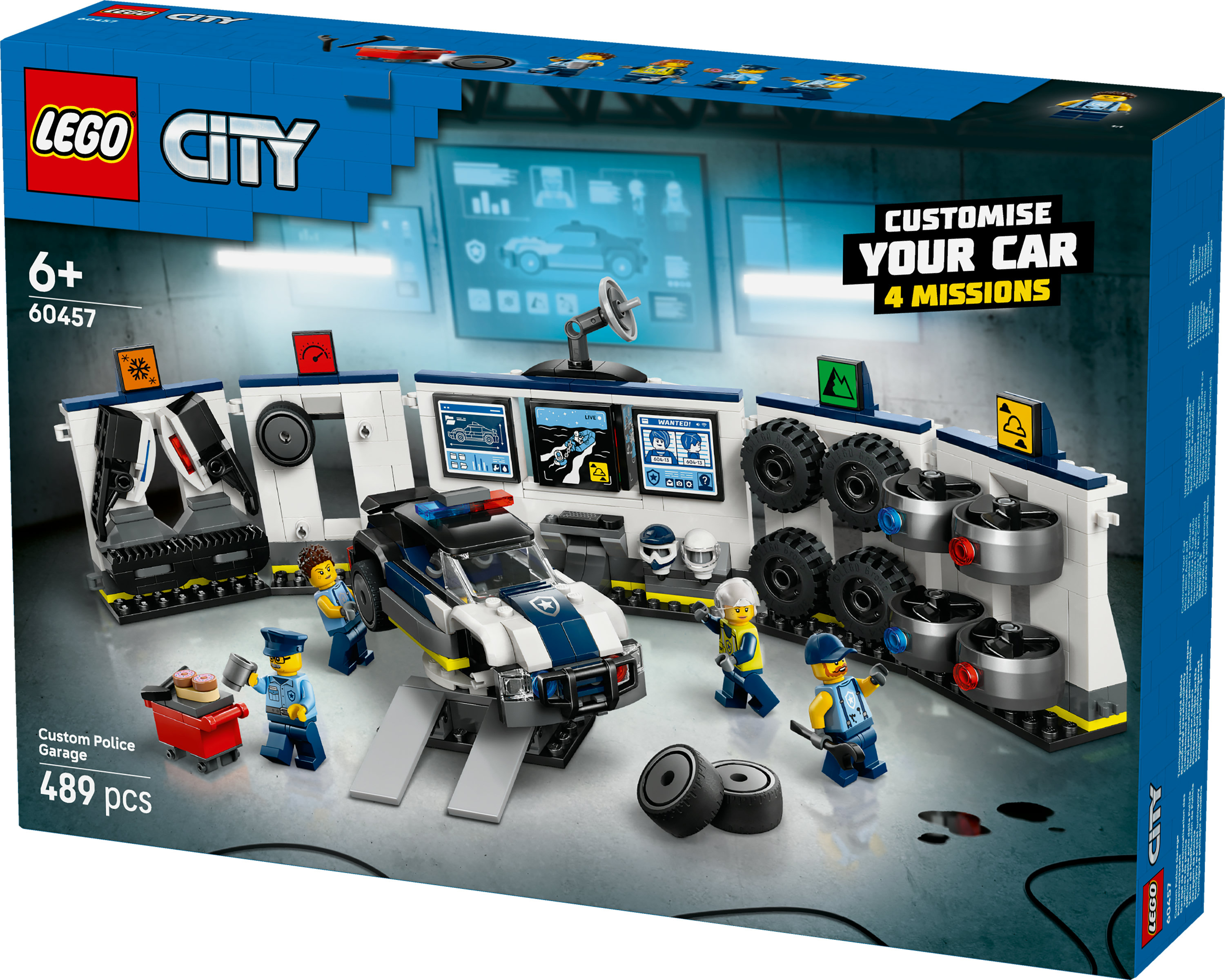 Pudełko zestawu Lego City z radiowozem, garażem i minifigurkami. Zawiera logo Lego i 'Dostosuj swój samochód'.