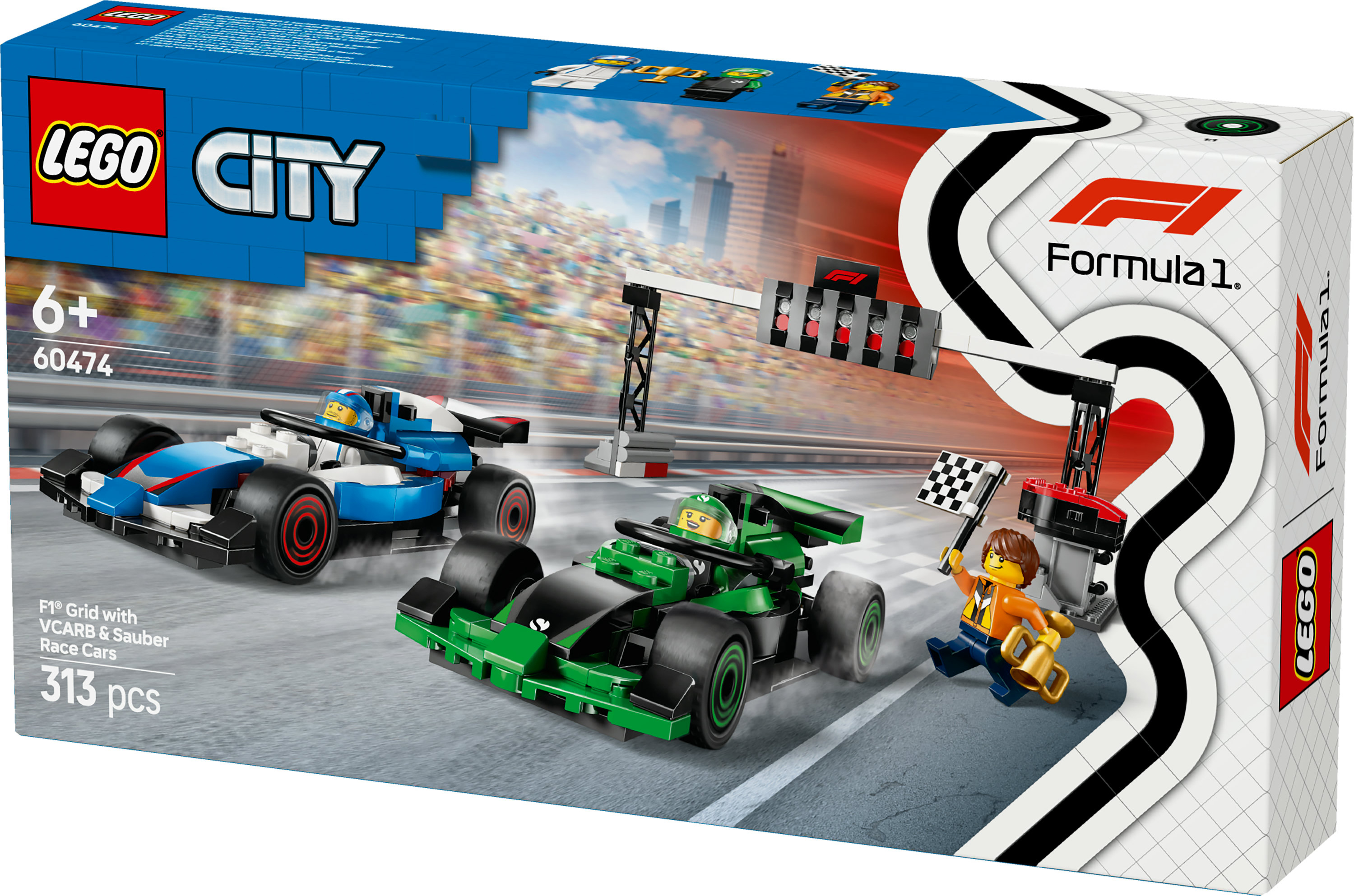 Pudełko zestawu Lego City z samochodami wyścigowymi. Dwa samochody ścigają się na torze. Figurka macha szachownicą.