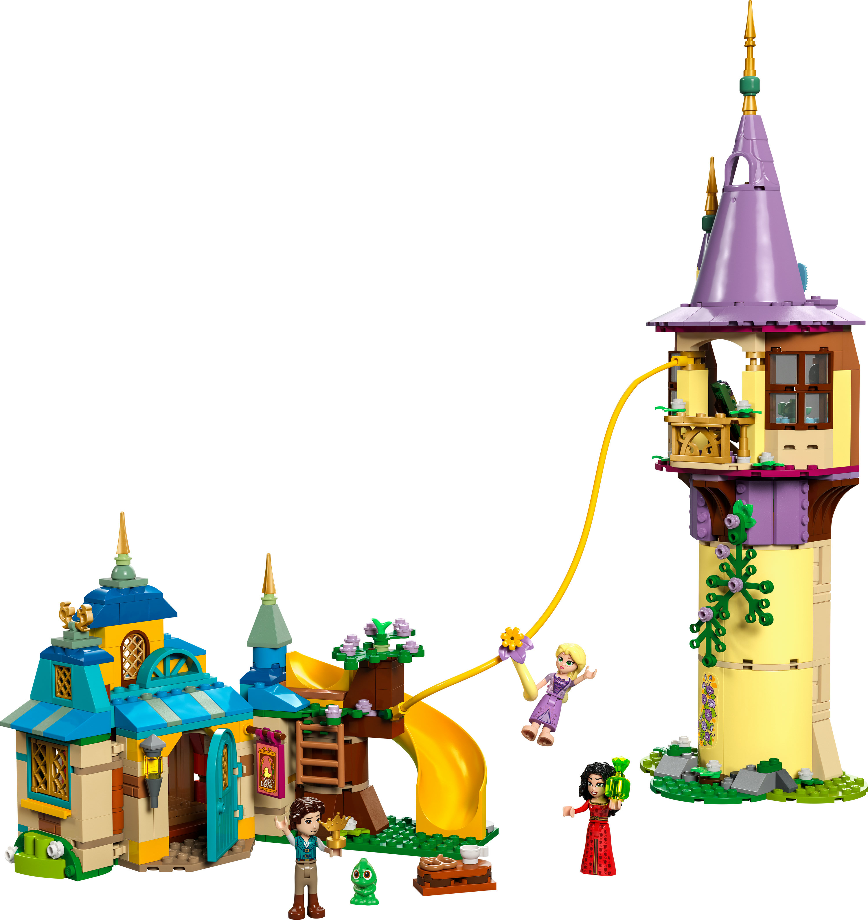 Bir Lego seti, bir kule, bir kaydıraklı bina ve sarı bir salıncakla üç Lego figürü tasvir ediyor.