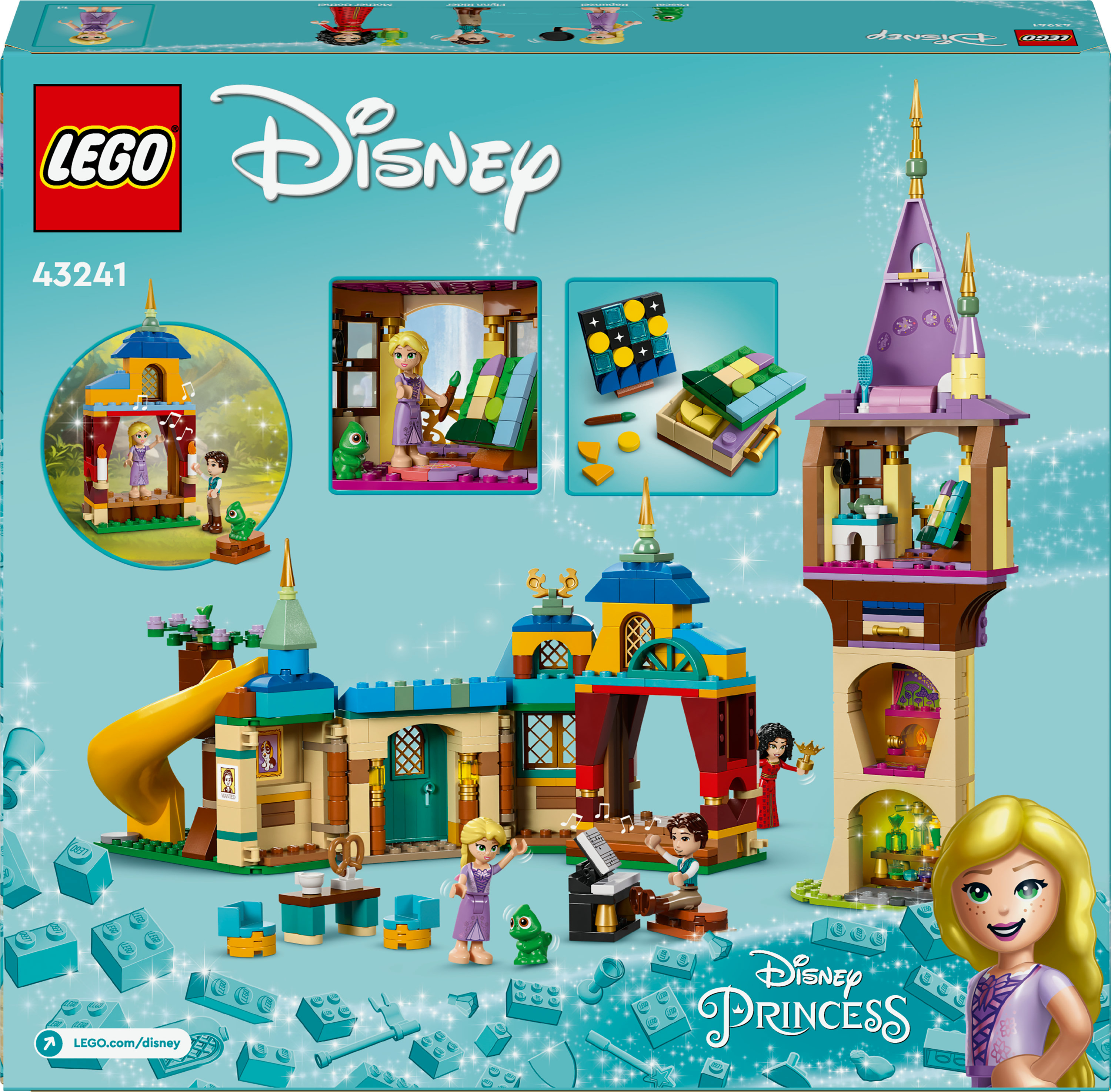 Lego Disney Prenses set kutusu. Lego figürleri, bir kale ve çeşitli aksesuarlar açık mavi bir arka plan üzerinde.