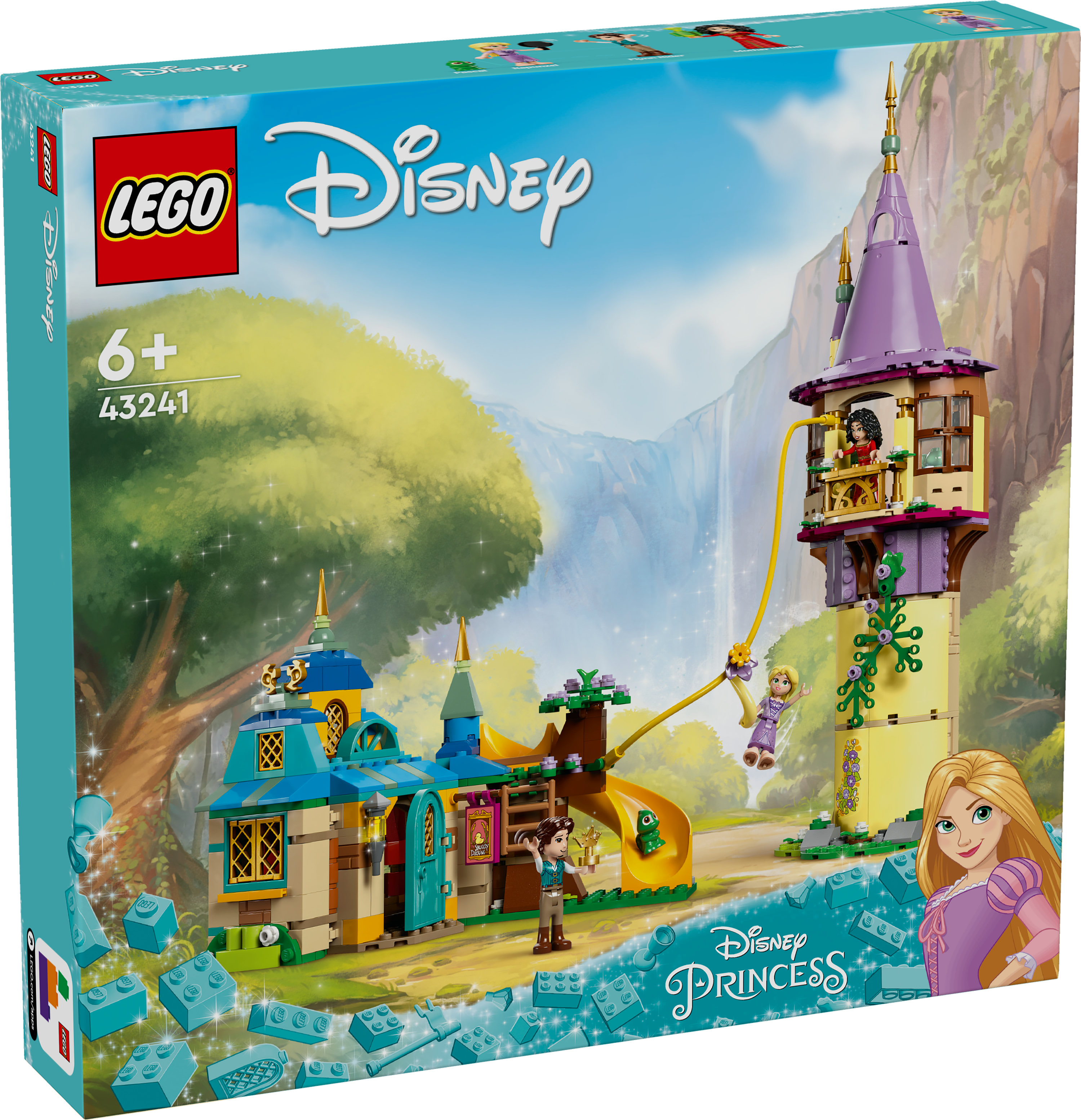 LEGO Disney Prenses set kutusu. Rapunzel kulesi, kaydırak ve karakterler içerir. Parlak renkler, LEGO logosu dahil.