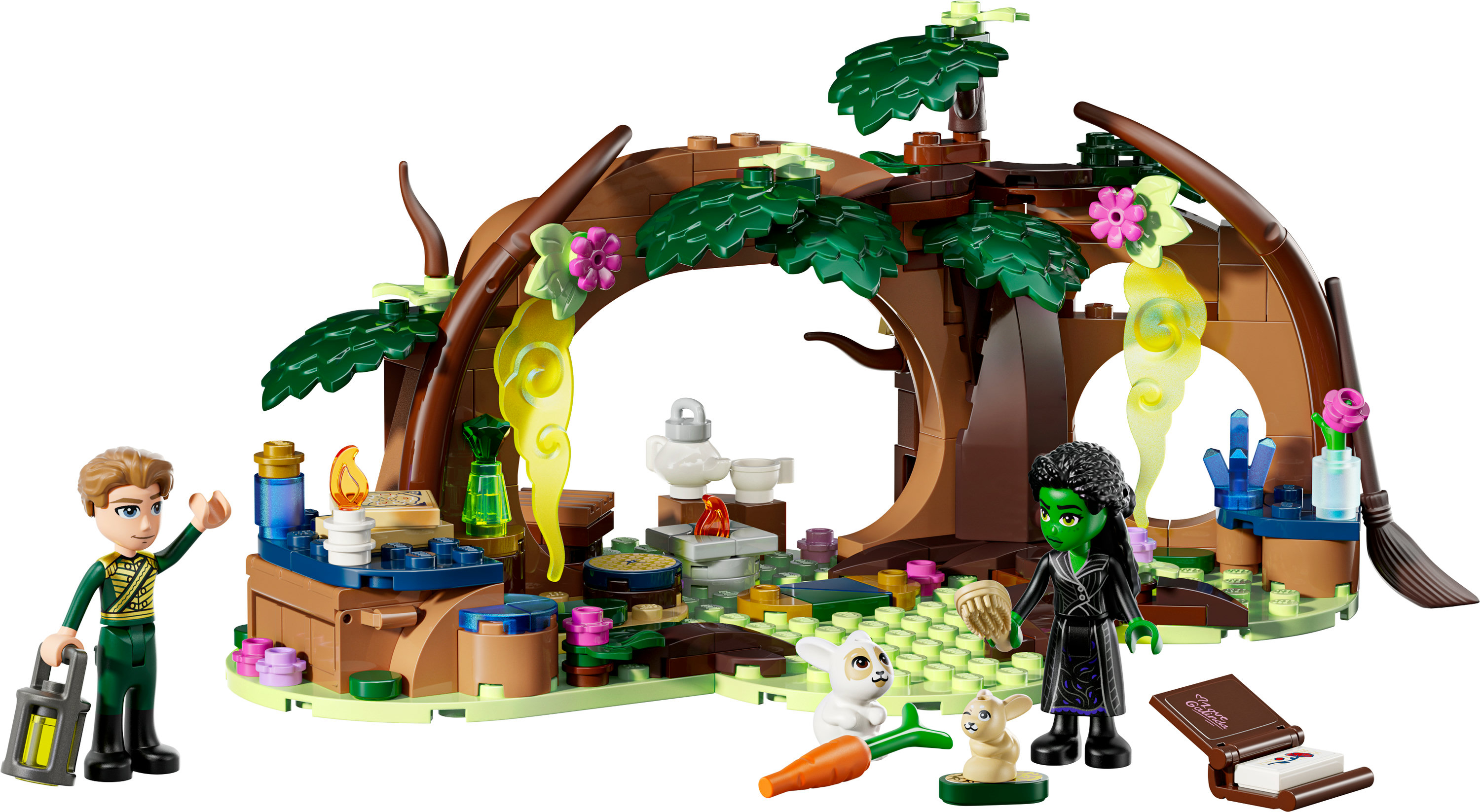 Zestaw Lego z figurkami, zwierzętami i leśnym tłem. Zawiera postać z latarnią, zielonoskórą figurę, króliki i marchewkę.