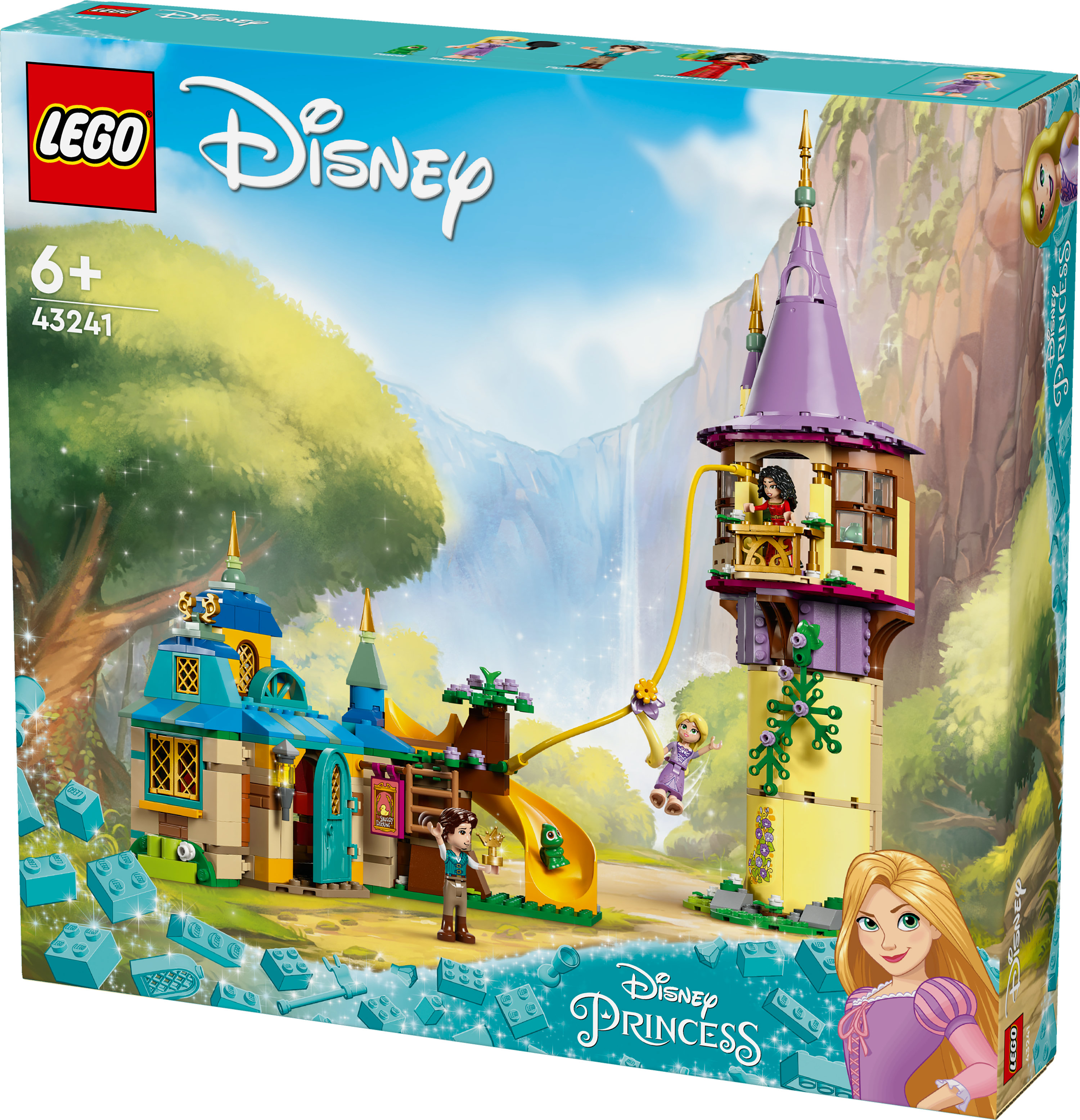 Lego Disney set kutusu. Disney karakterlerinin Lego figürleriyle bir kule ve diğer binalar yer alır.