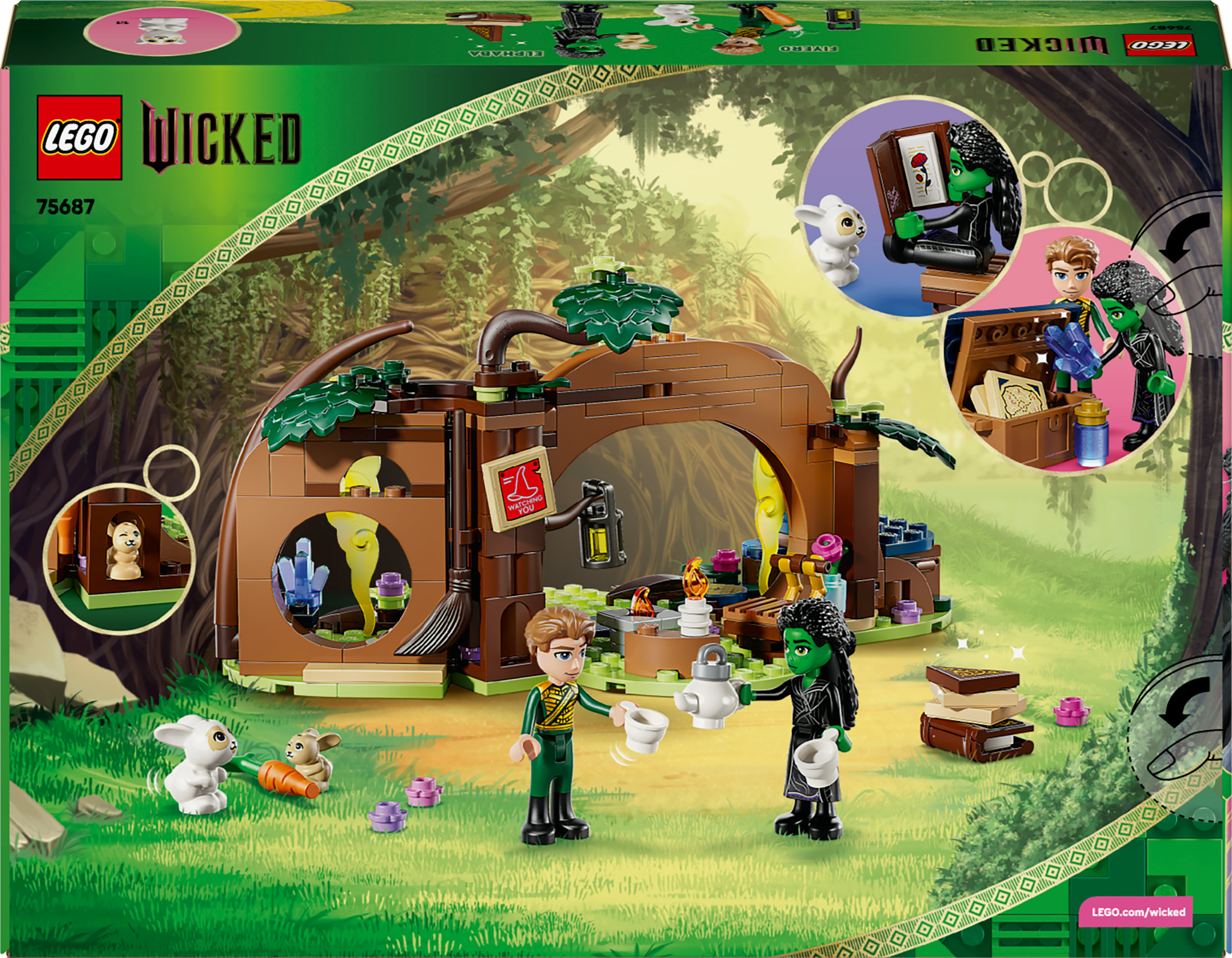 Grafika na pudełku zestawu Lego. Przedstawia postacie i sceny z Wicked. Zawiera postacie, domek na drzewie i królika.