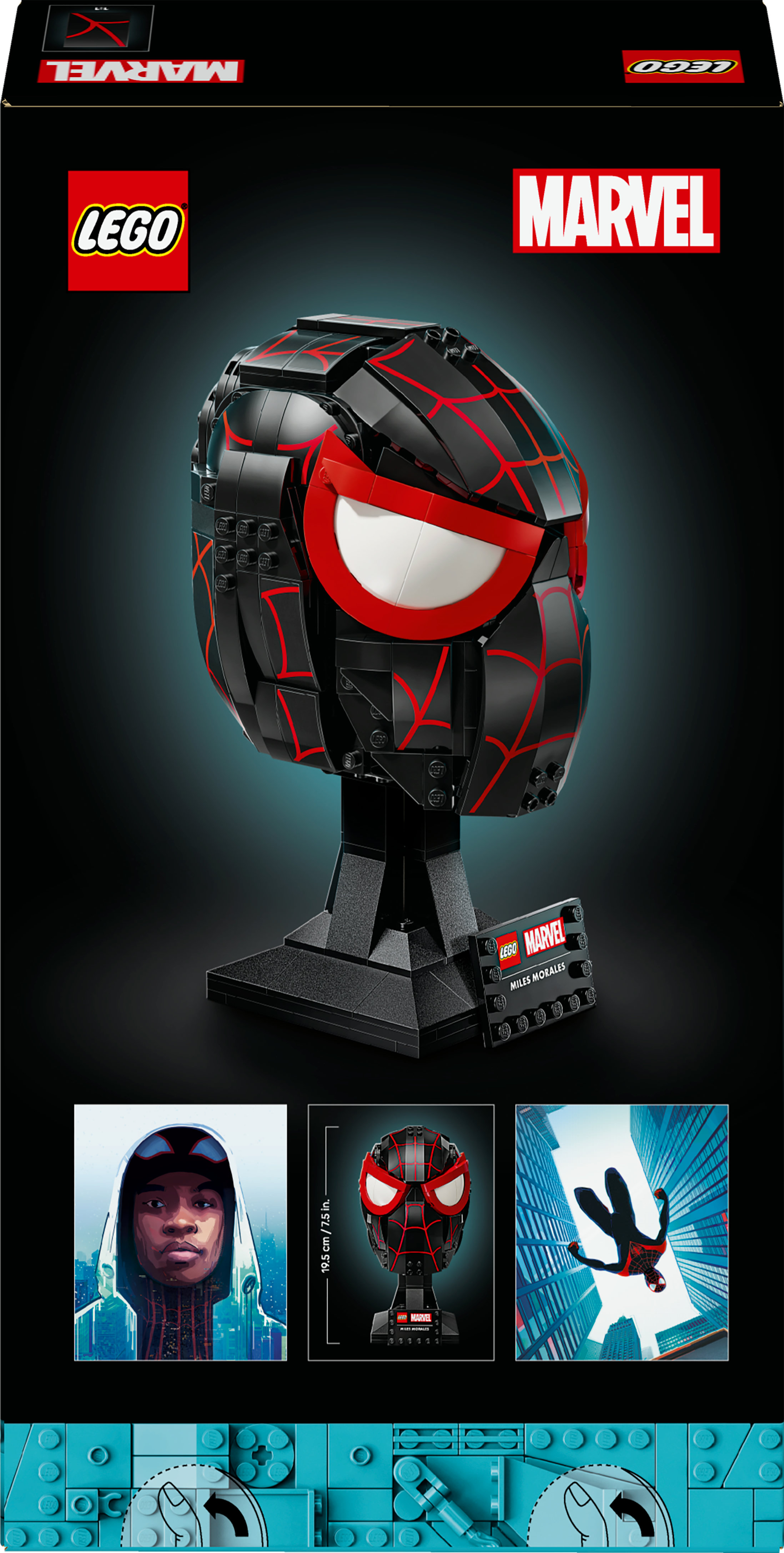 Casque LEGO Marvel Miles Morales, noir avec détails rouges. Les logos LEGO et Marvel sont visibles.