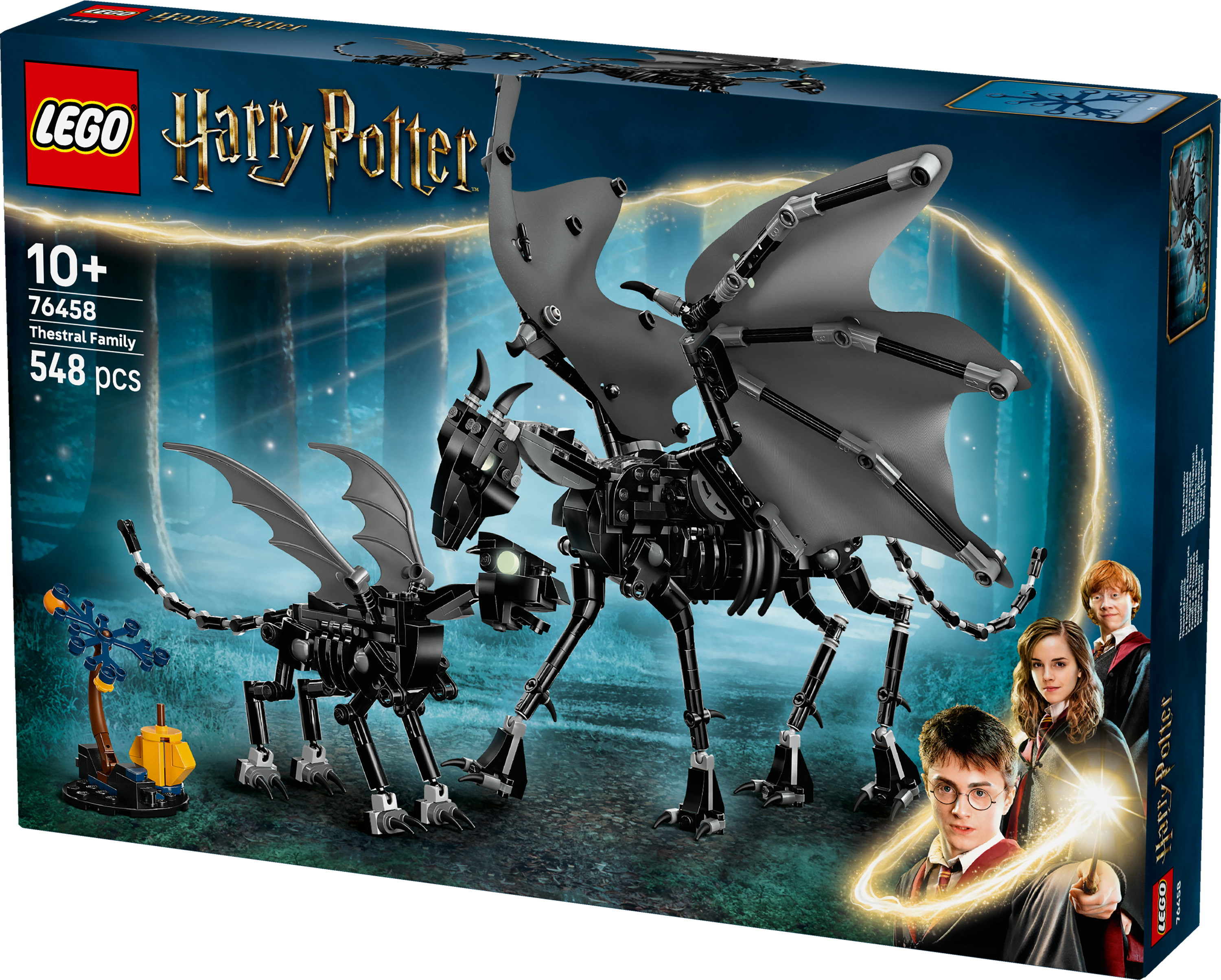 Zestaw LEGO Harry Potter. Zawiera dwa czarne Testrale ze skrzydłami, żółto-niebieską podstawkę i postacie z filmu.