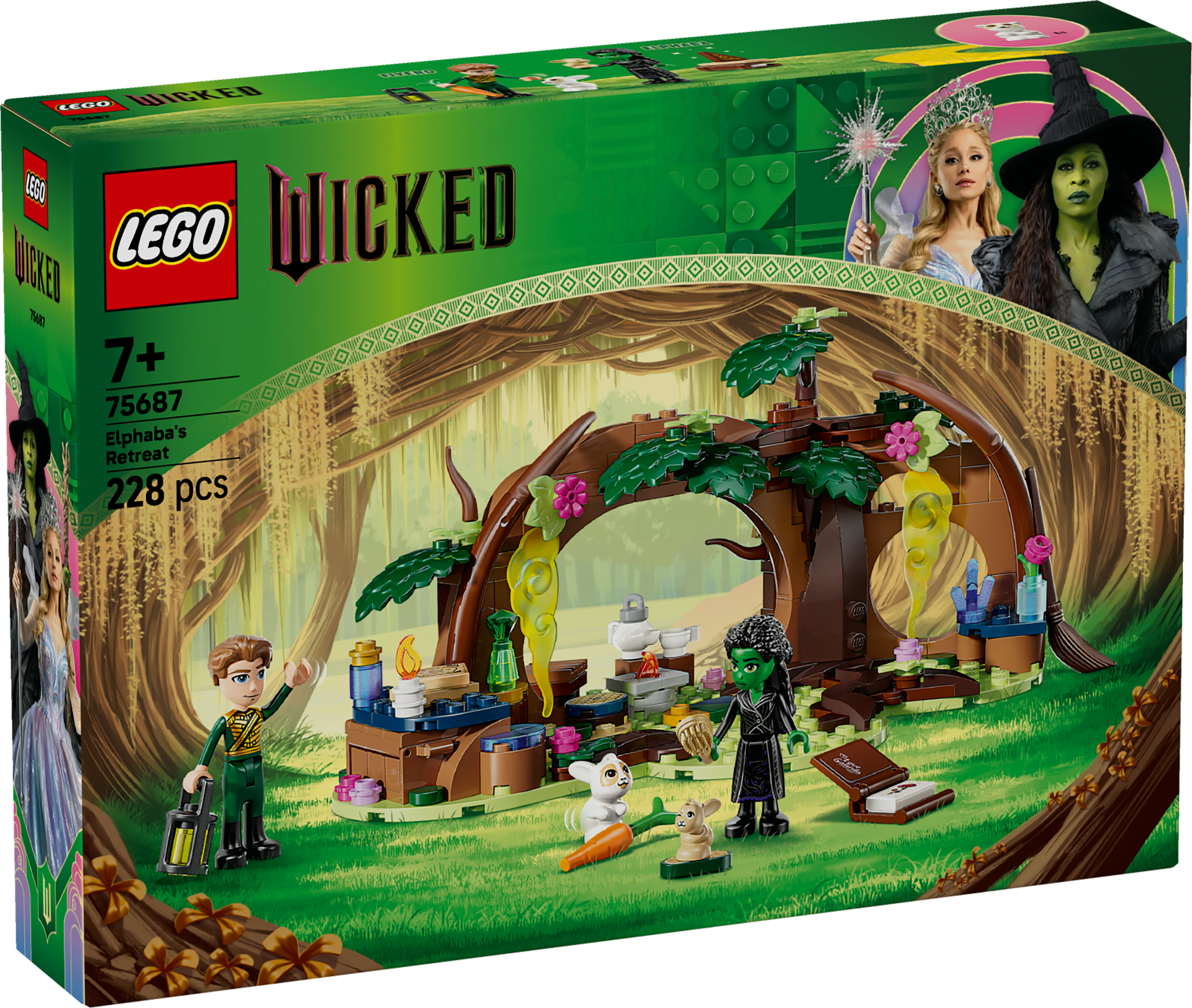 Zestaw Lego Wicked. Zawiera Elphabę i Glindę. Zawiera figurki Lego, drzewo i zielony trawnik.