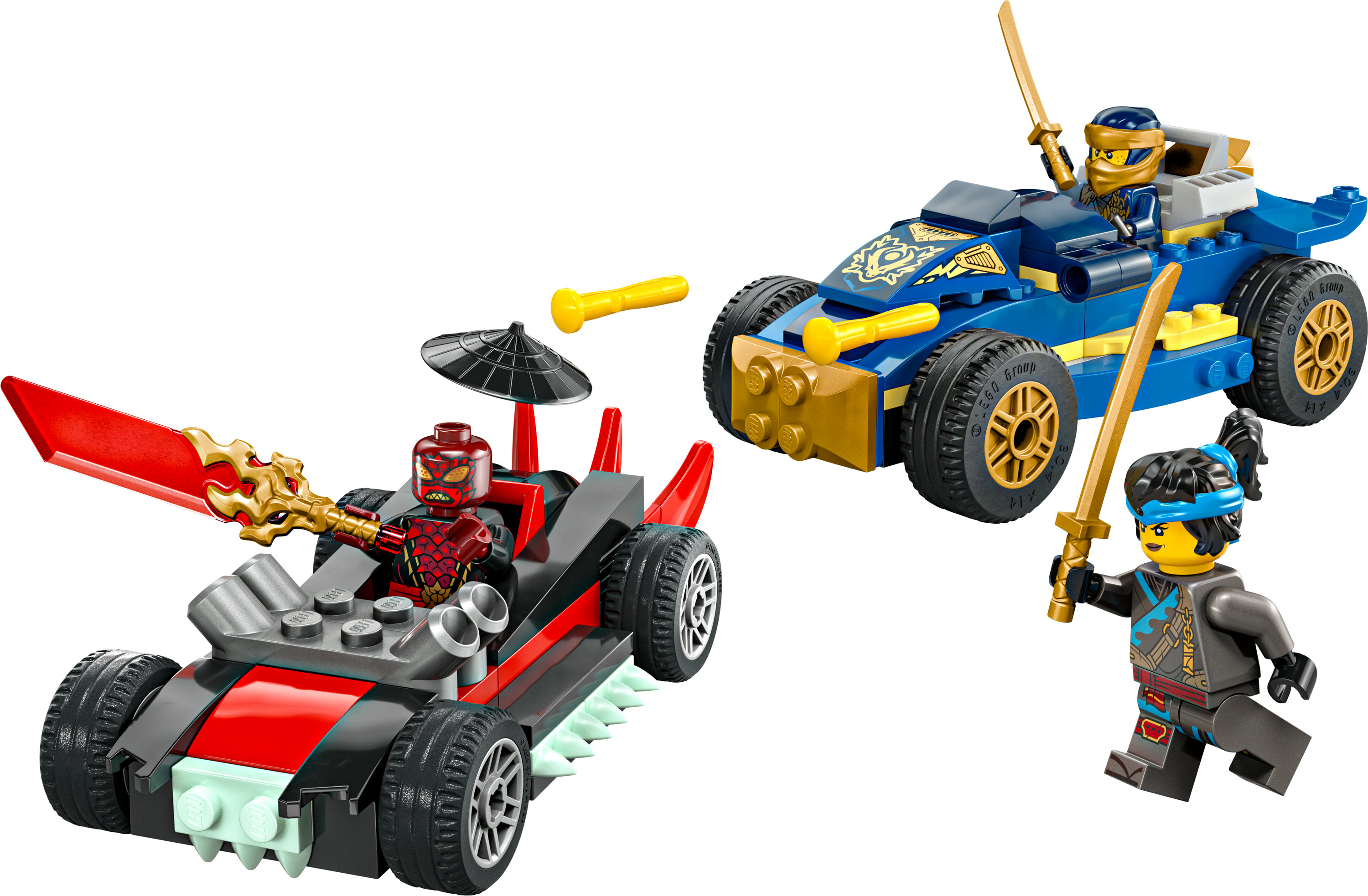 Set Lego con due auto e tre minifigure. Un'auto è rossa e nera, l'altra blu e oro.