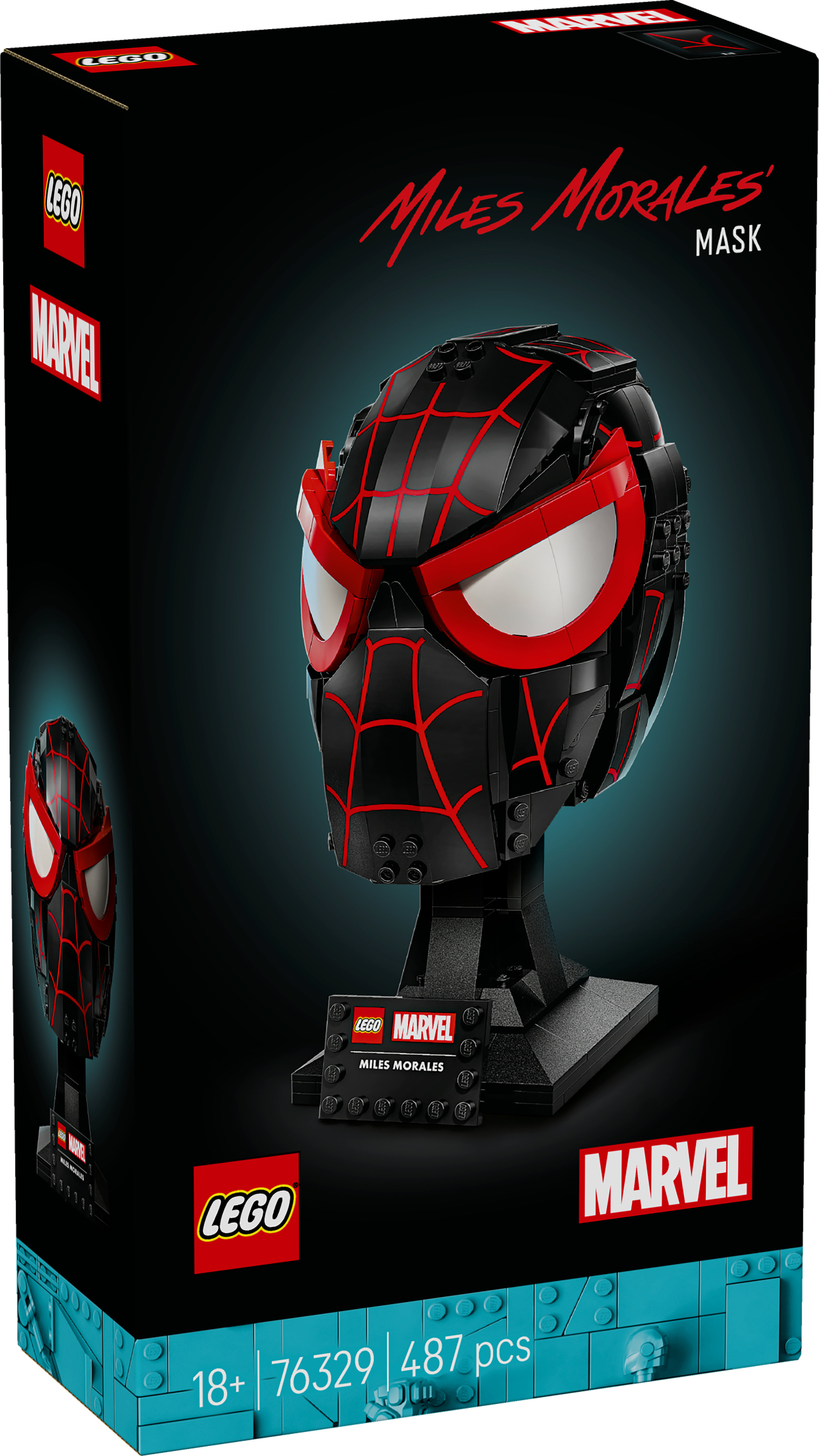 Visuel de la boîte d'un masque LEGO Marvel Miles Morales. Masque noir avec des accents rouges et des lentilles blanches. Logos LEGO et Marvel visibles.