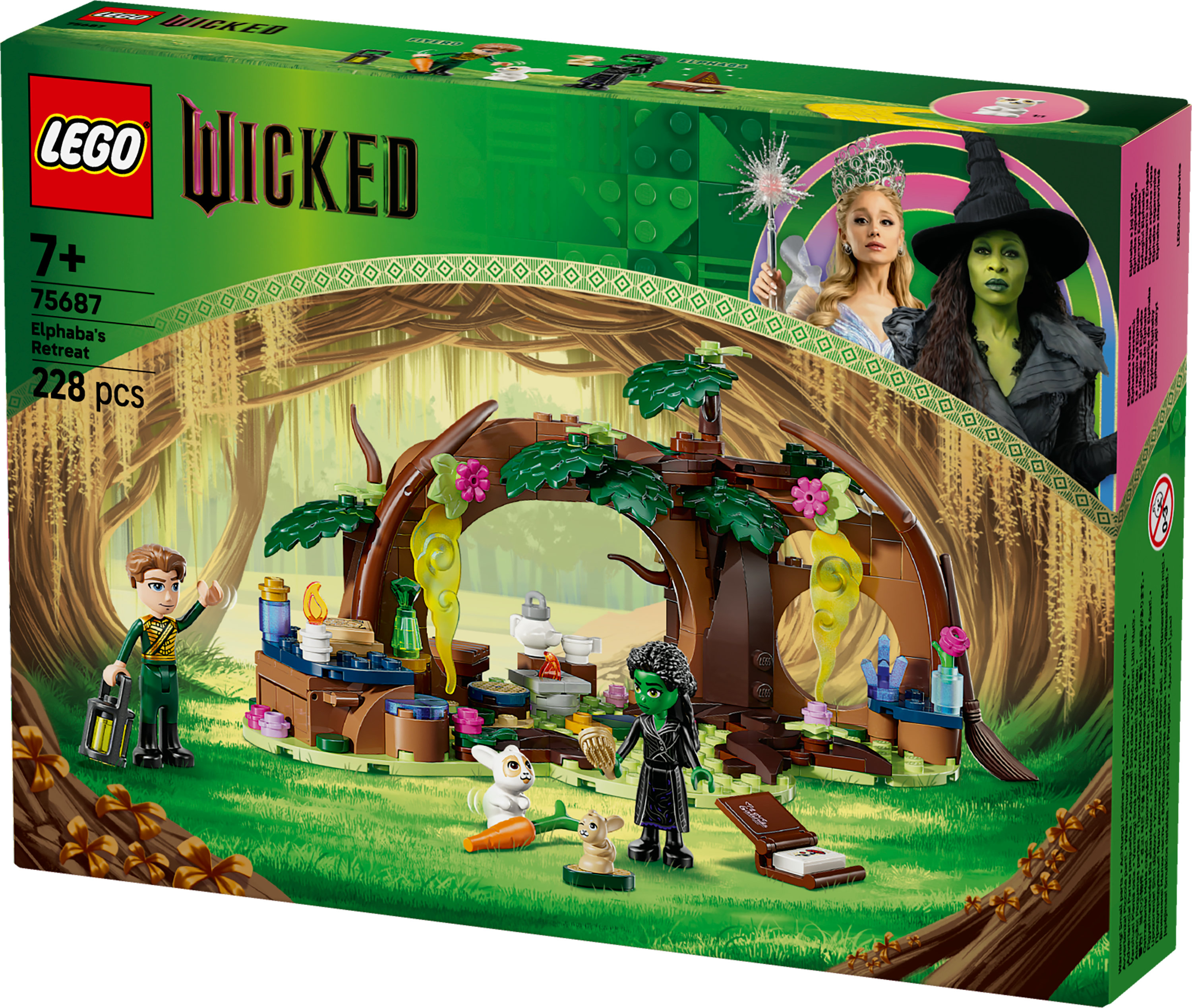 Pudełko zestawu Lego Wicked. Przedstawia odosobnienie Elphaby. Zawiera postacie, budynek i obrazy lasu. Pudełko jest zielone.