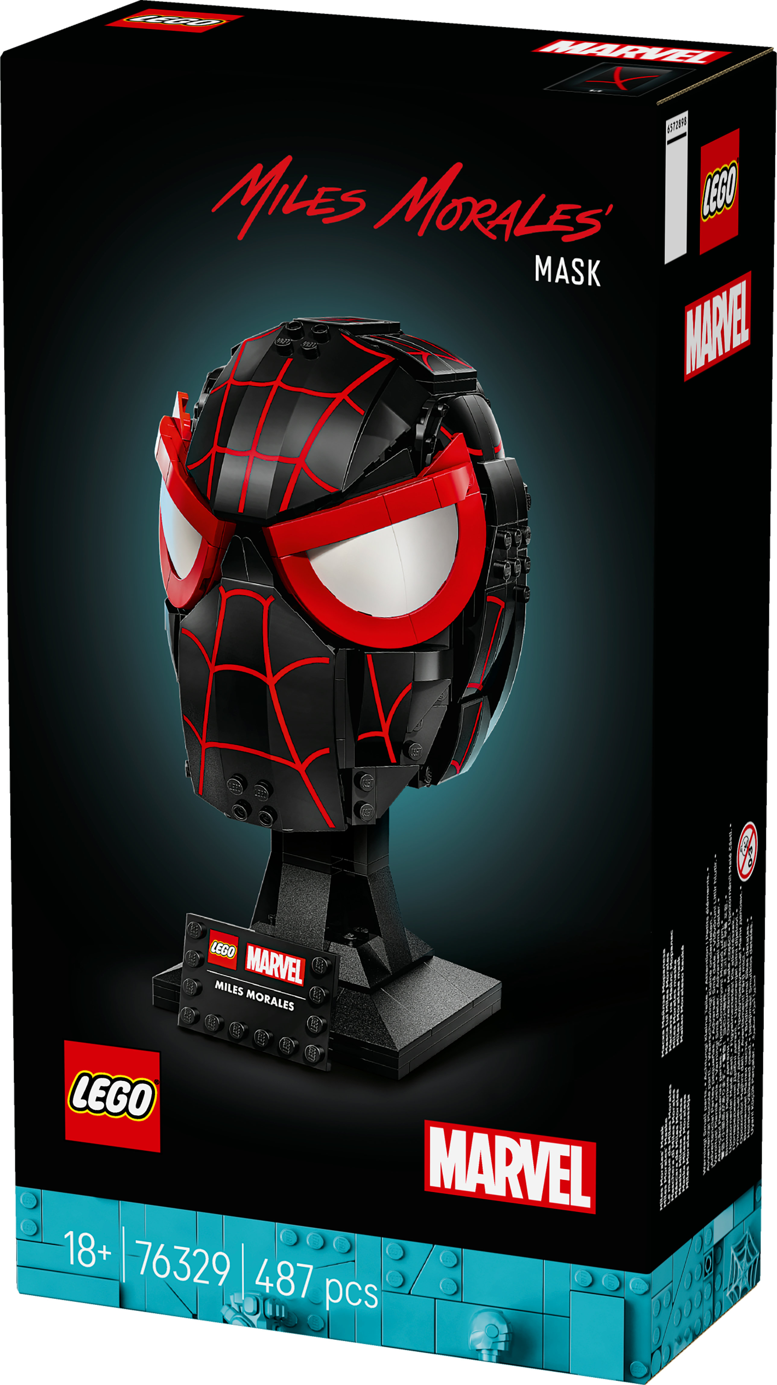 Un coffret Lego avec un masque de Spider-Man Miles Morales. Les couleurs noir et rouge dominent le design.