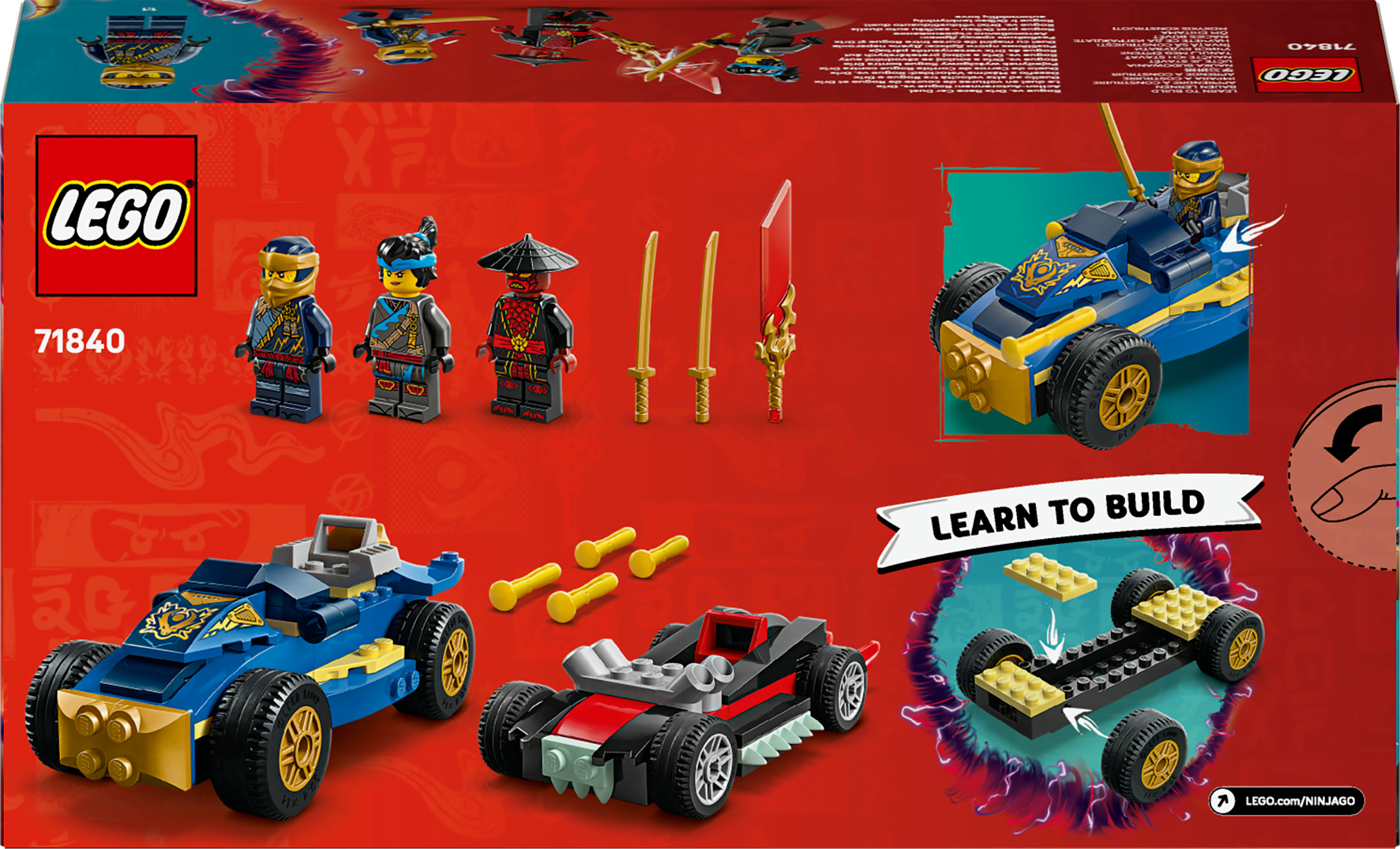 Scatola LEGO con personaggi, auto e armi Ninjago. Include il logo LEGO e il numero 71840.