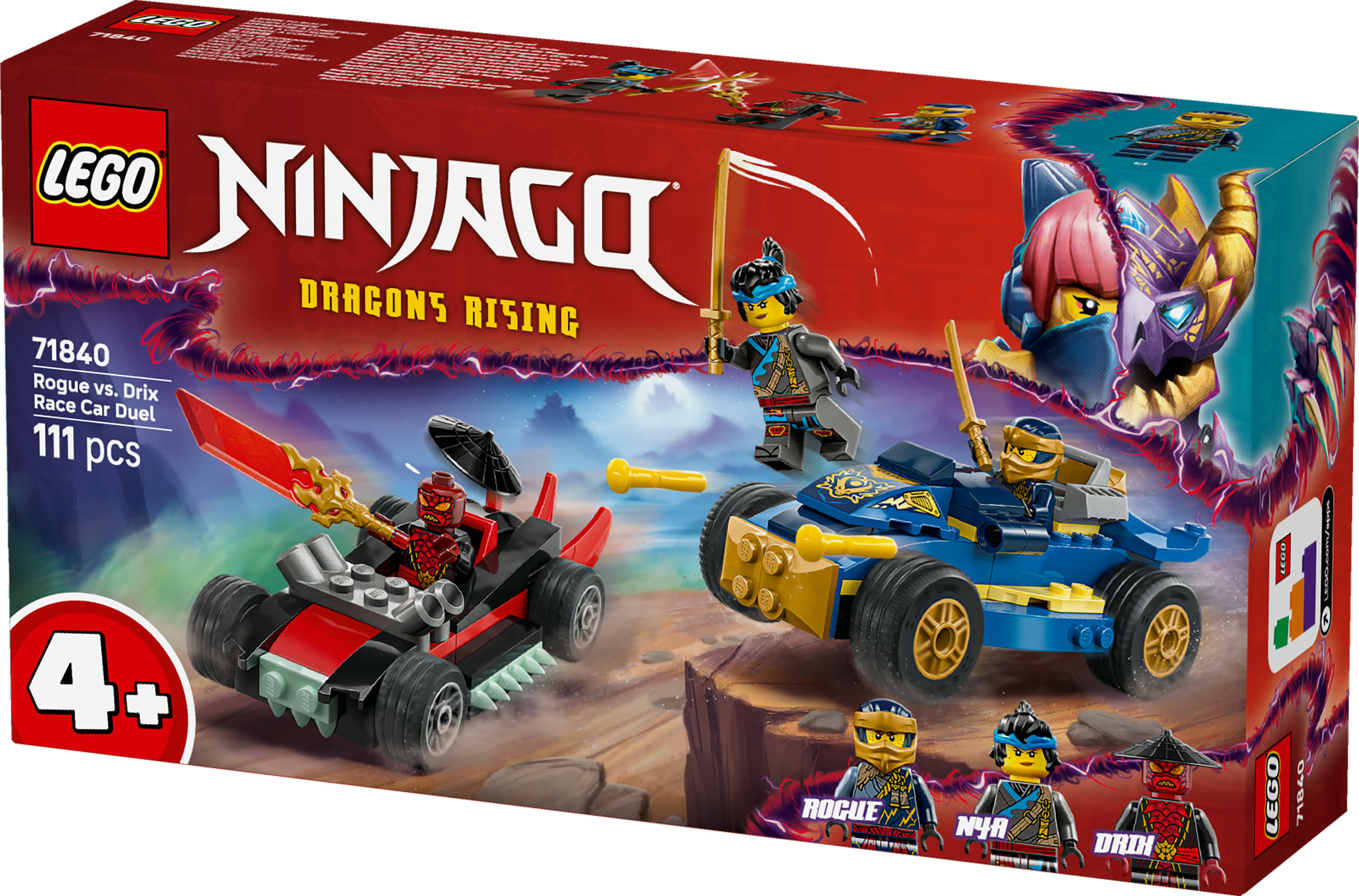 Artwork della scatola LEGO Ninjago con auto da corsa e minifigure. Il set include Rogue, Drix, Nya e altri personaggi.