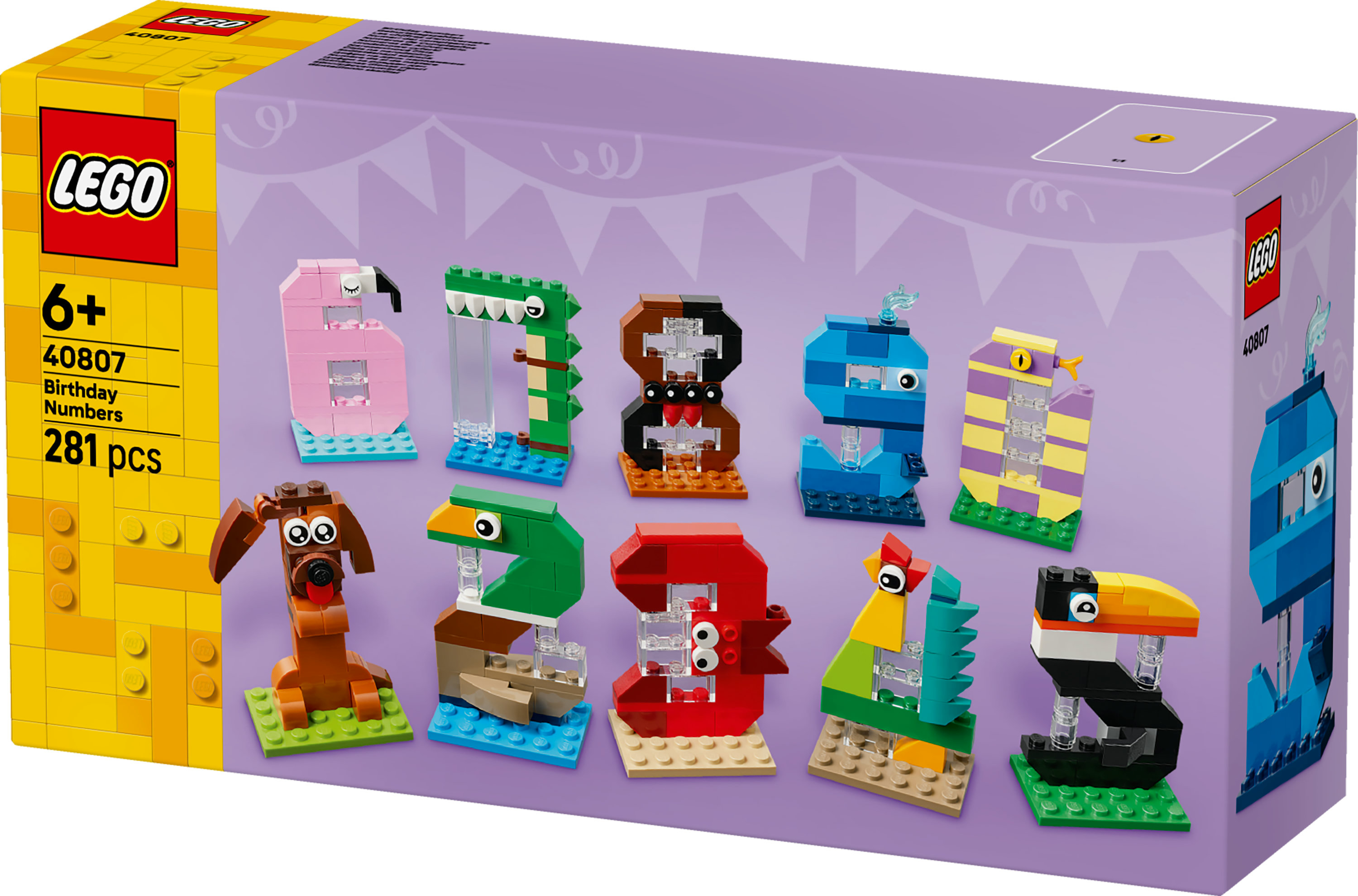 Hayvan temalı figürlerle LEGO doğum günü numaraları seti. Set, 0-9 arası sayıları içerir. Kutu sarı, mor ve mavidir.