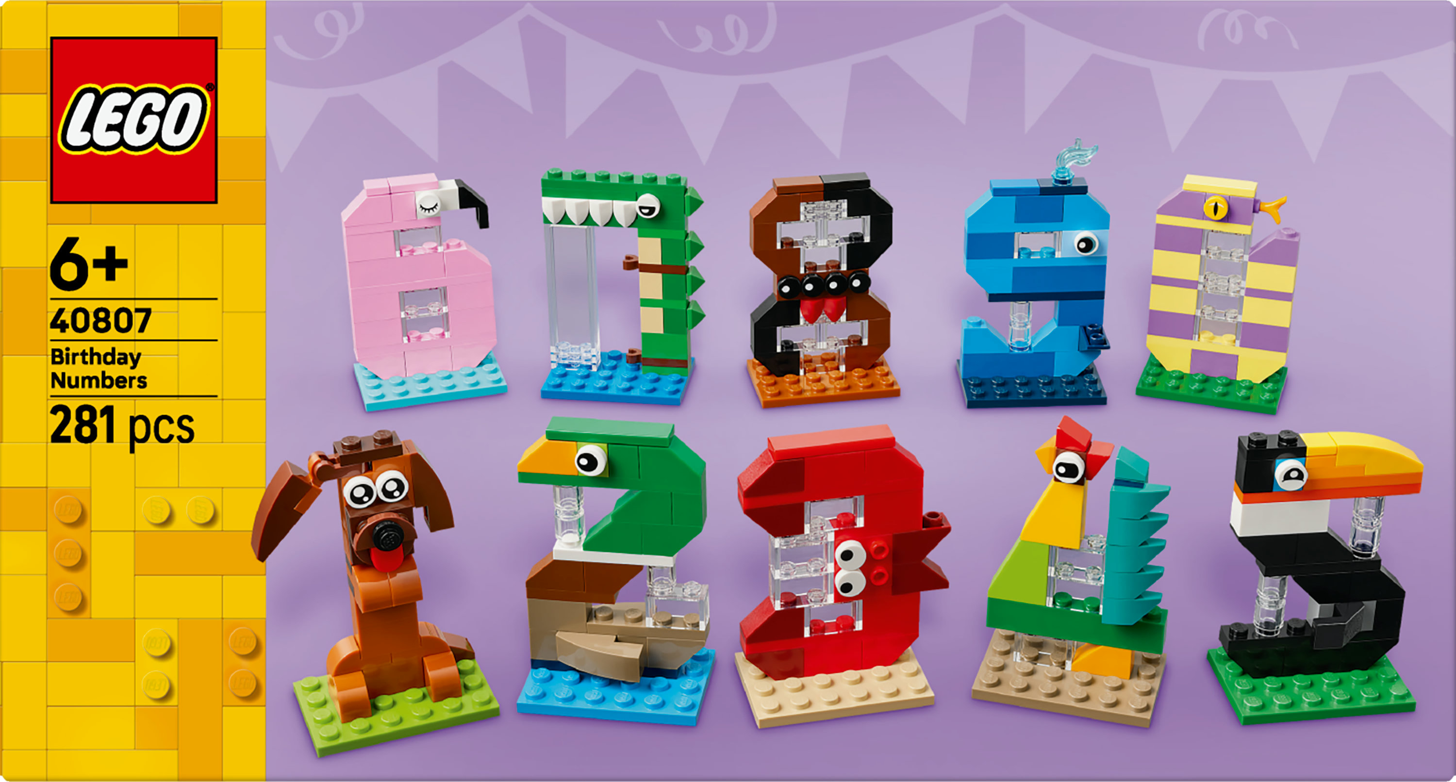 LEGO seti, doğum günü numaralarını hayvan figürleri olarak içerir. Flamingo, timsah, köpek, ördek, kırmızı figür ve tukan içerir.