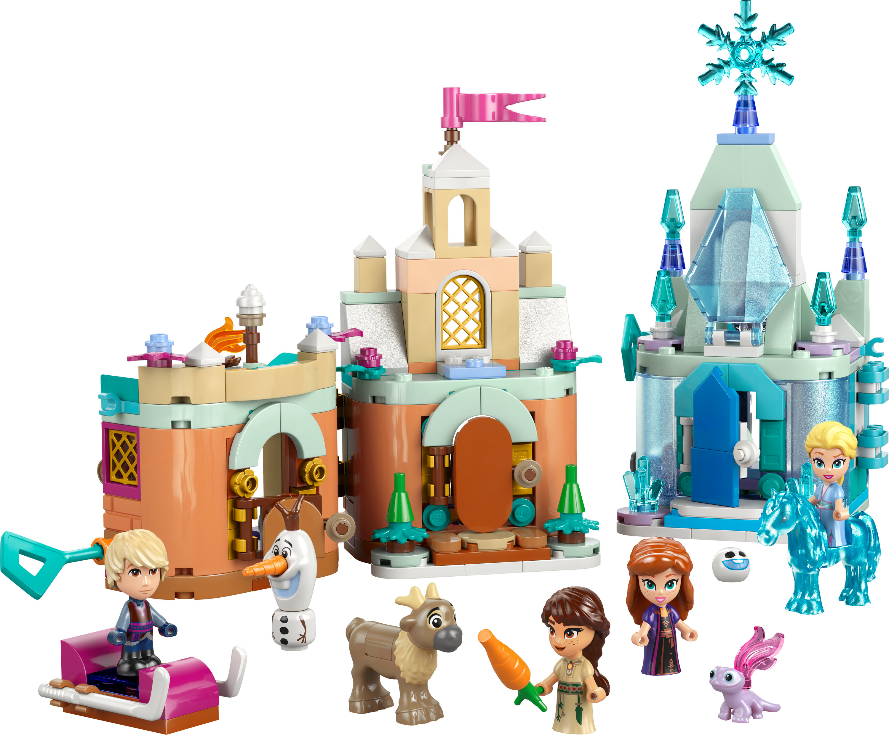 Set Lego di Frozen. Include strutture di castelli, personaggi come Elsa e Anna, Olaf e Sven. Luminoso e colorato.