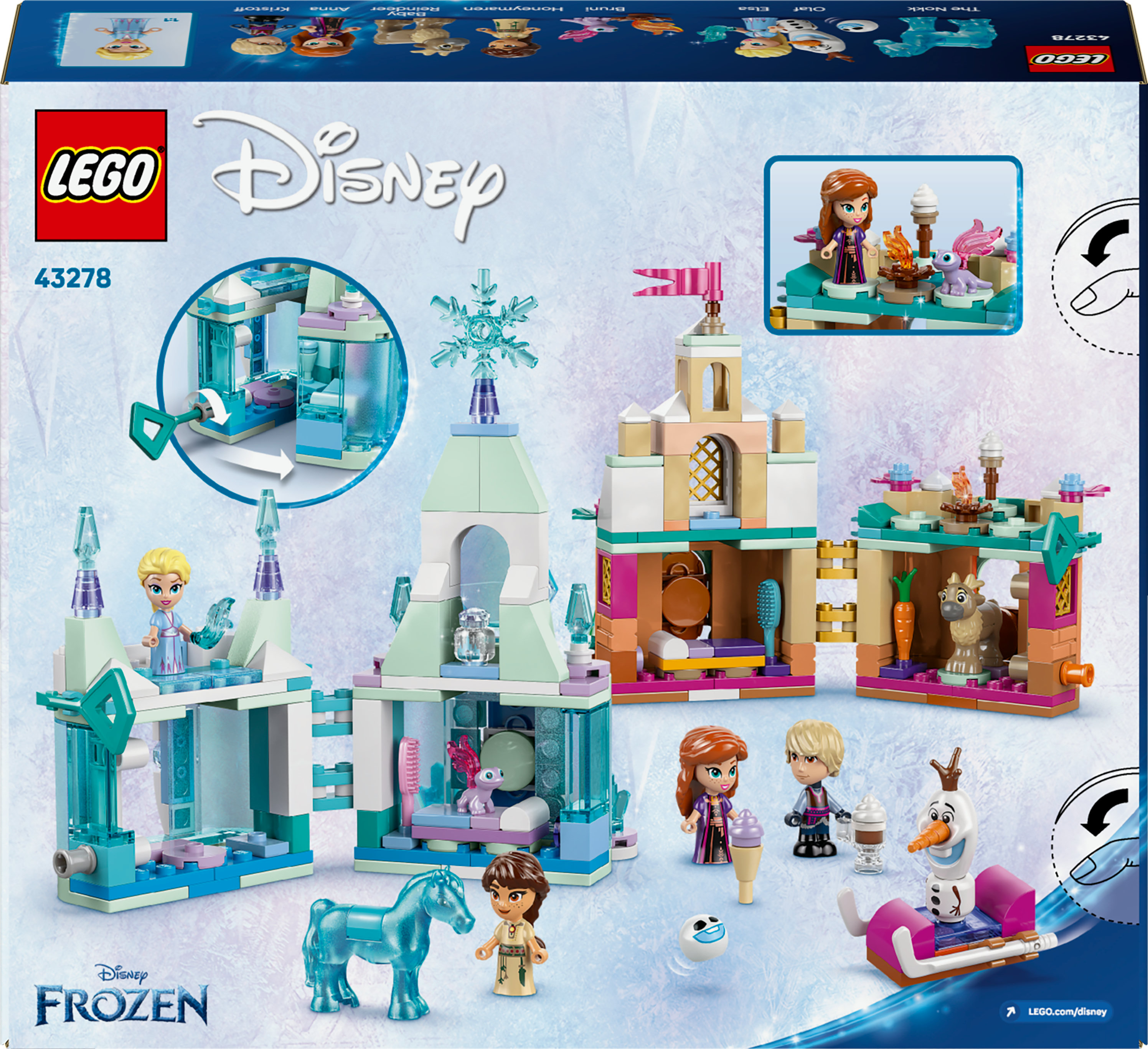 Set Lego Disney Frozen. Include personaggi, edifici e accessori. Con Elsa, Anna, Olaf, Kristoff e Bruni.