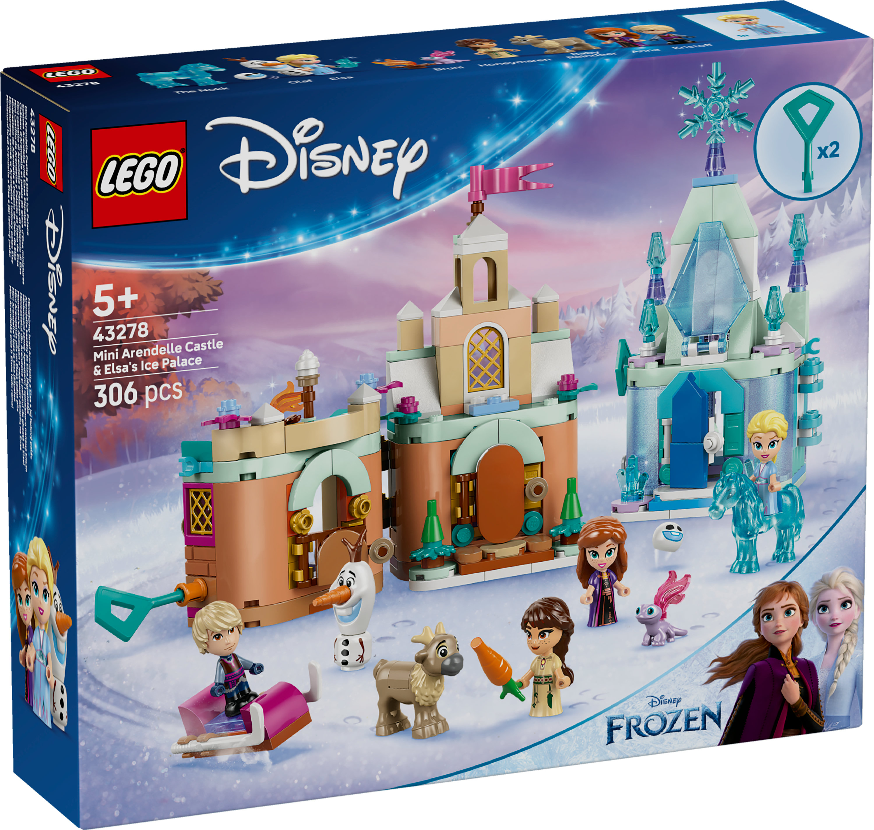 Set LEGO Disney Frozen. Include minifigure, castello, palazzo di ghiaccio e personaggi. La scatola mostra il set assemblato.