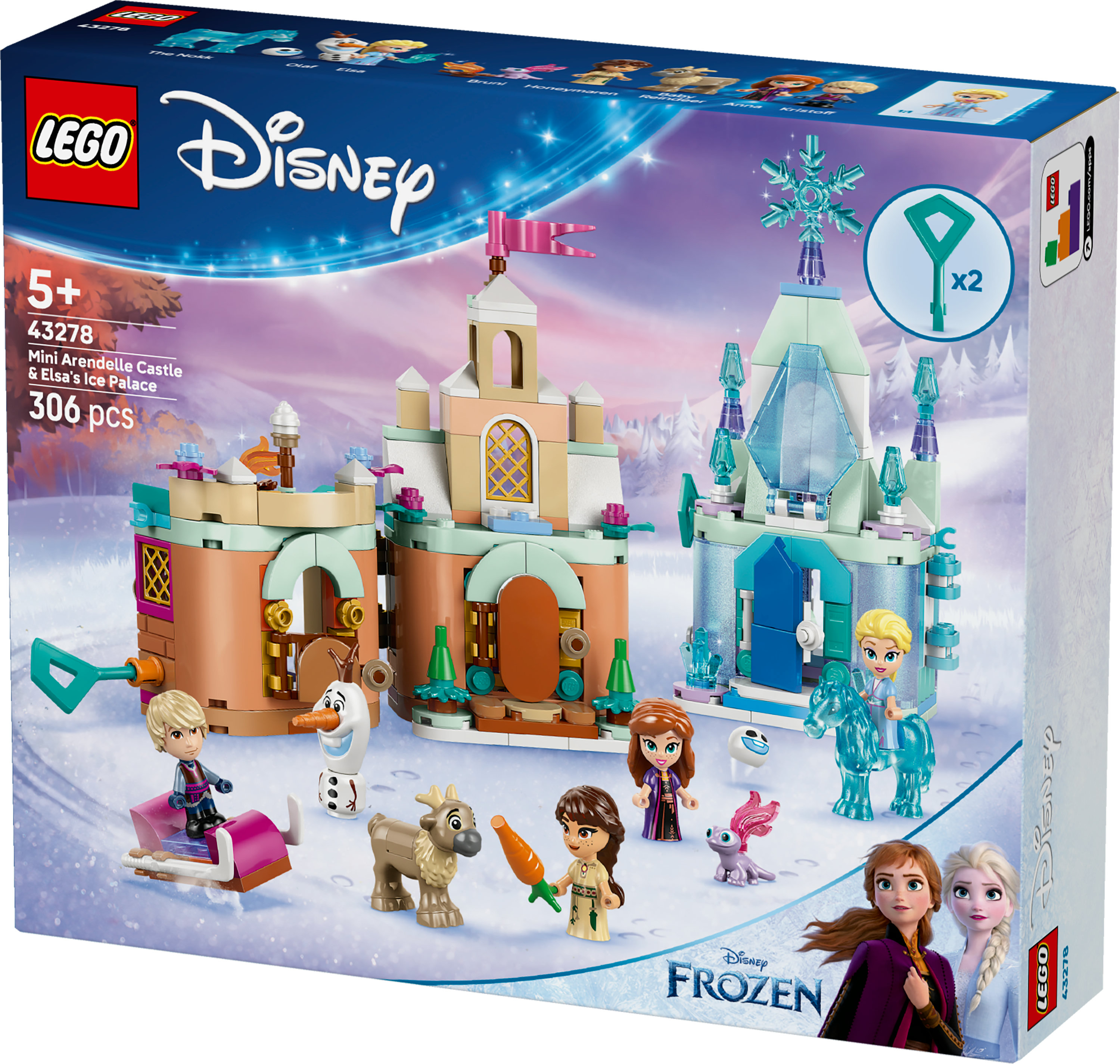 Set scatola Lego con personaggi e edifici di Frozen, tra cui Anna, Elsa, Olaf e una renna.