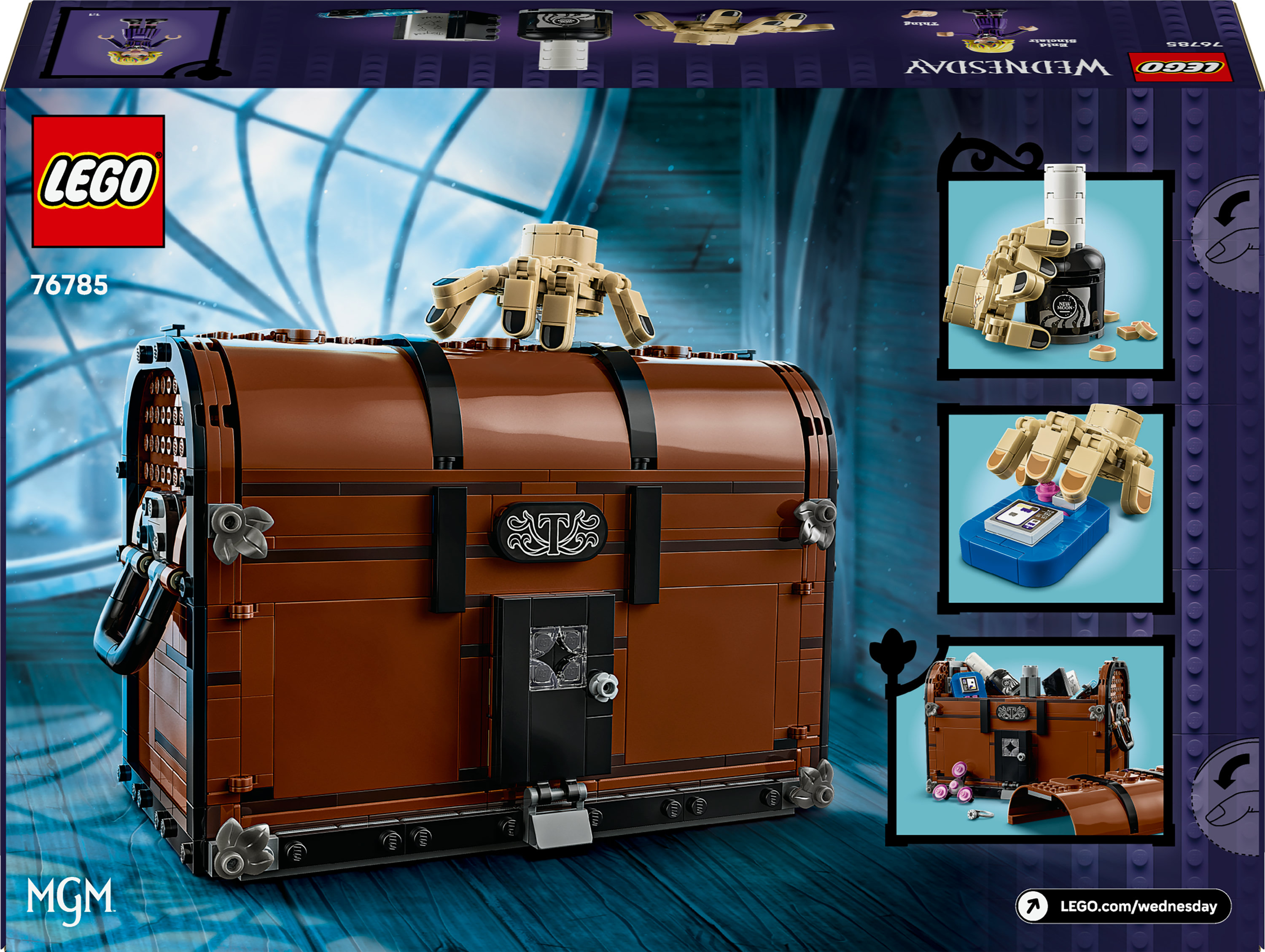 Zestaw pudełkowy Lego z brązową skrzynią z dłonią na górze. Boczne zdjęcia pokazują interakcję dłoni z innymi elementami.