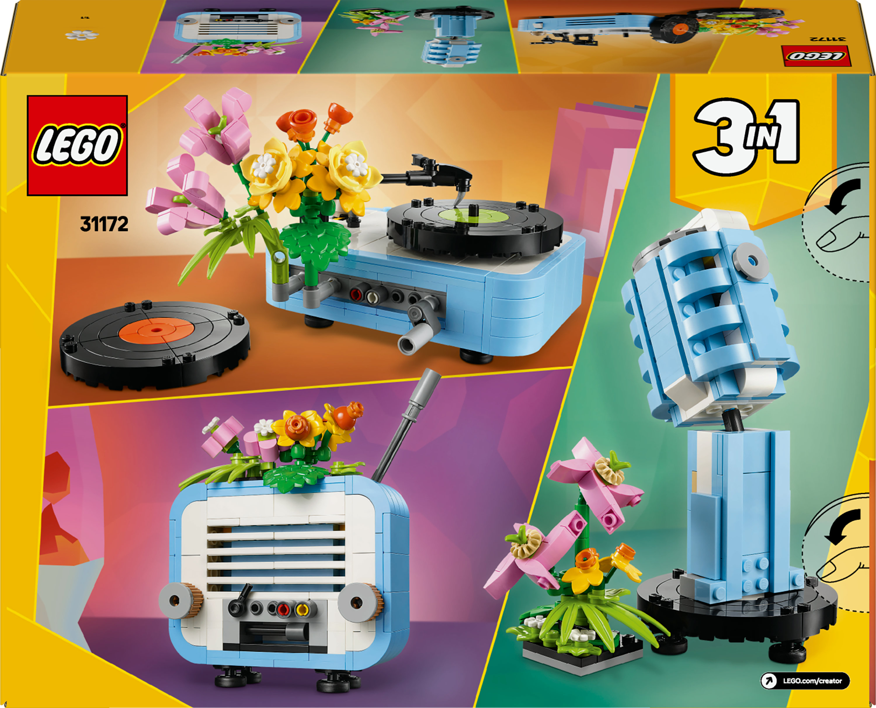 Renkli bir arka plan üzerinde, çiçek süslemeleriyle tamamlanmış bir pikap, radyo ve mikrofon modellerinden oluşan LEGO 3'ü 1 arada set.