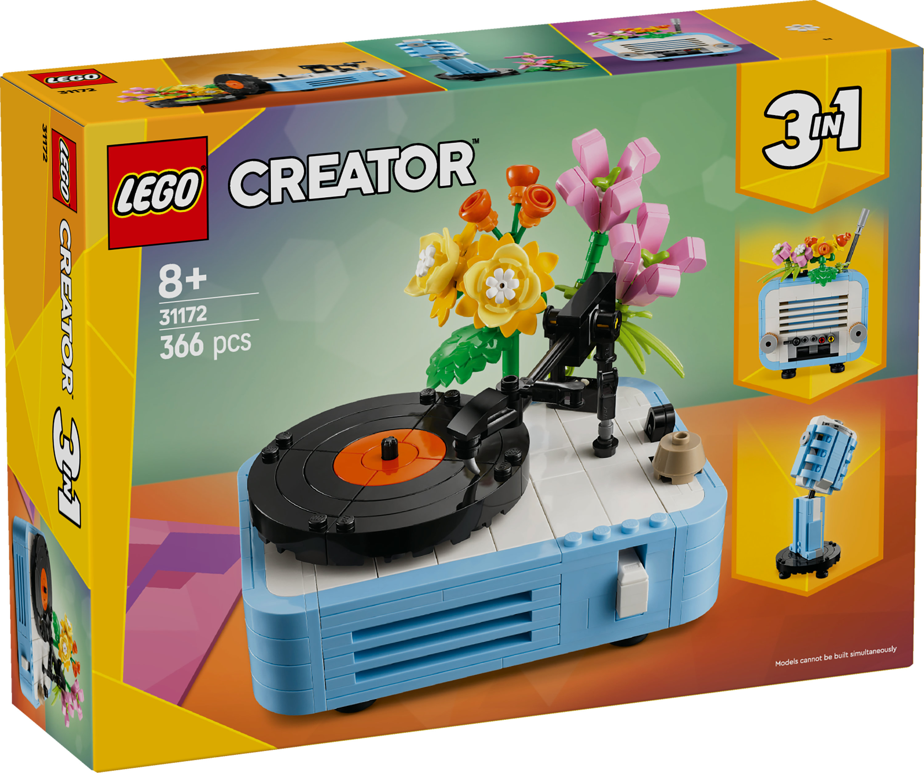 LEGO Creator kutu seti. Çiçekli mavi bir pikap ve başka modeller inşa edilebilir.